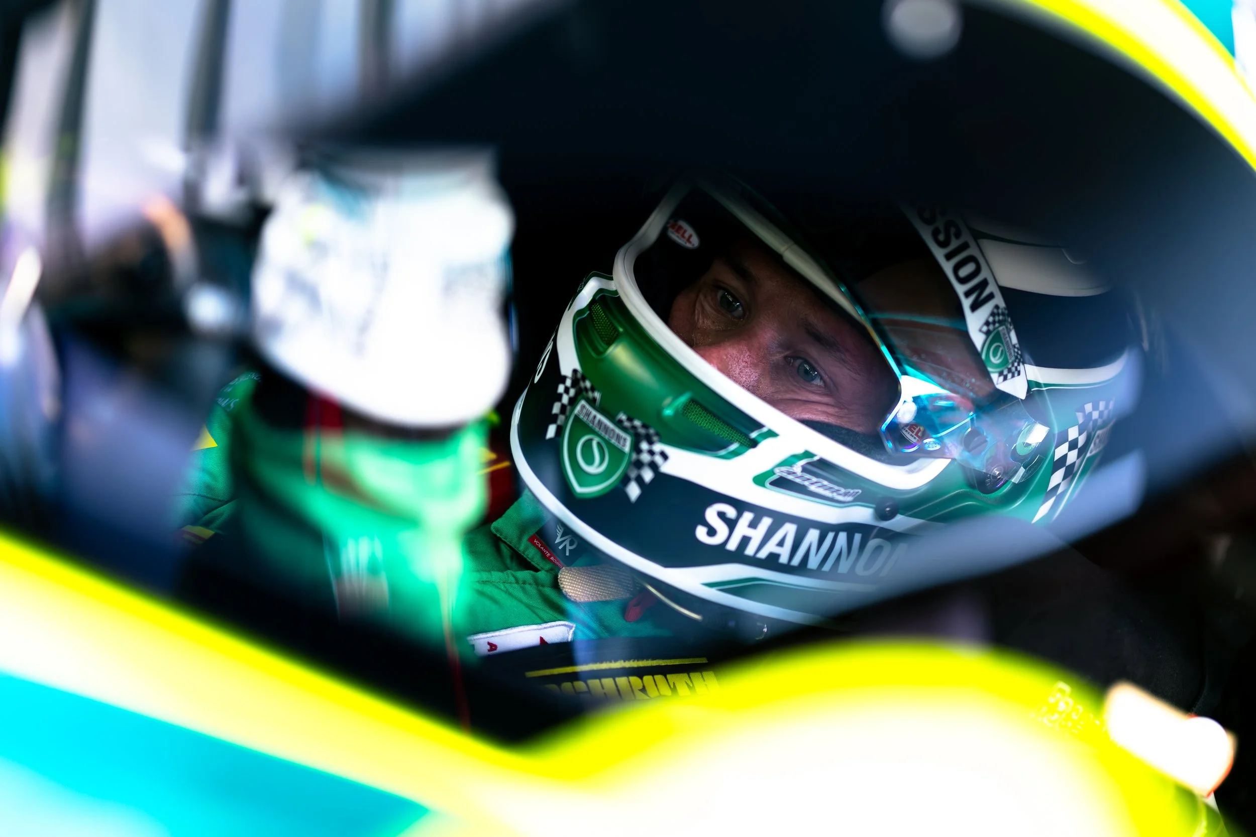 Liam Talbot getting ready to leave the pits in the Volante Rosso Aston Martin GT3 during the 2025 GT World Challenge Australia season.