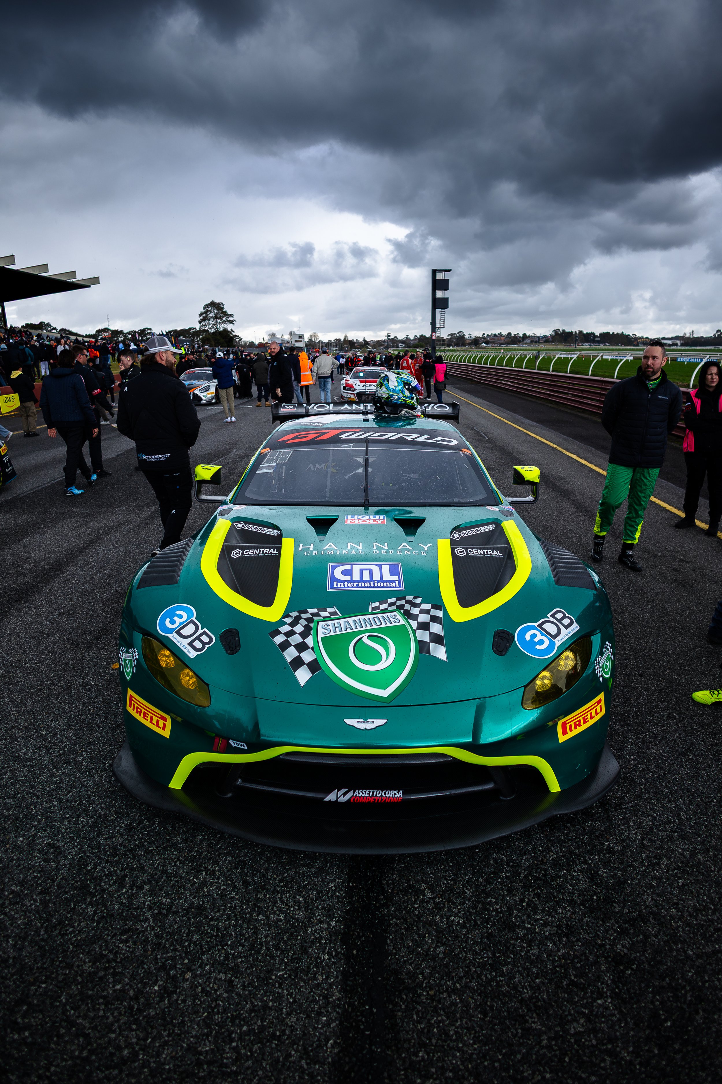 Volonte Rosso's Aston Martin GT3 race car on the grid at the 2025 Sandown raceway GT World Challenge Australia round.