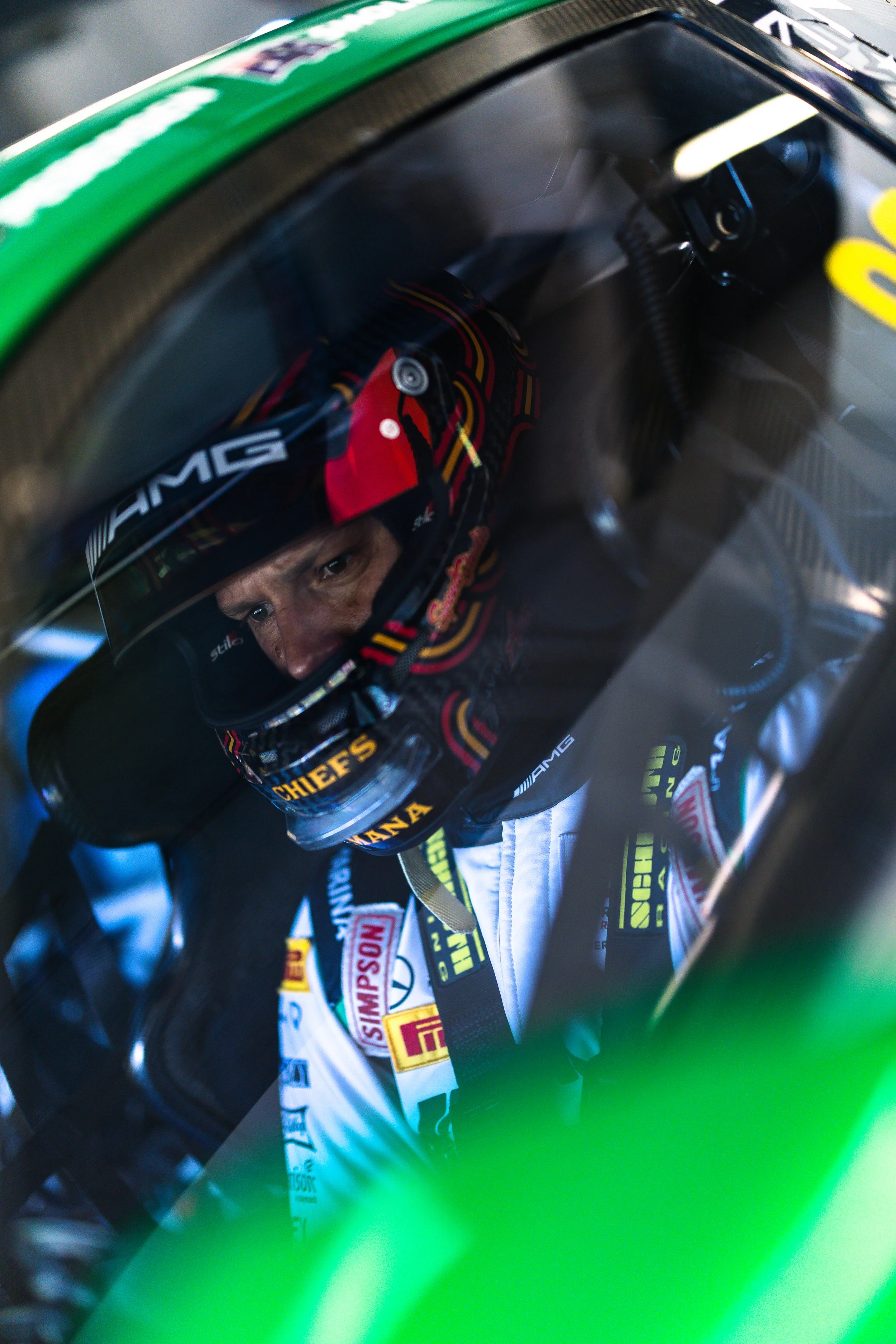 Ant Pedersen looking intense aboard the Mach1 Mercedes-AMG GT3 during the 2025 GT World Challenge Australia round at Hampton Downs.