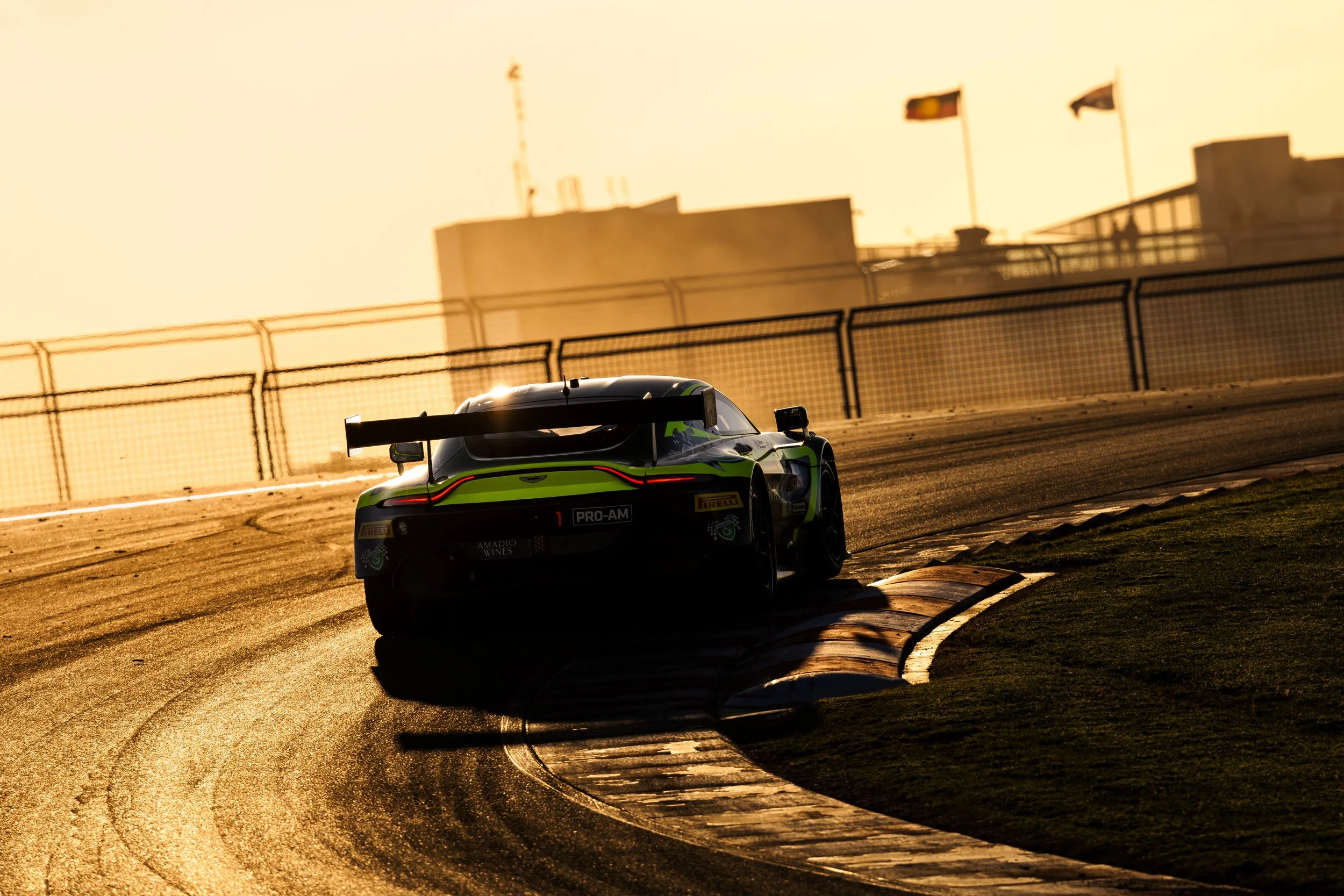 Volante Rosso Aston Martin GT3 at sunset during the 2025 GT World Challenge Australia round at The Bend.