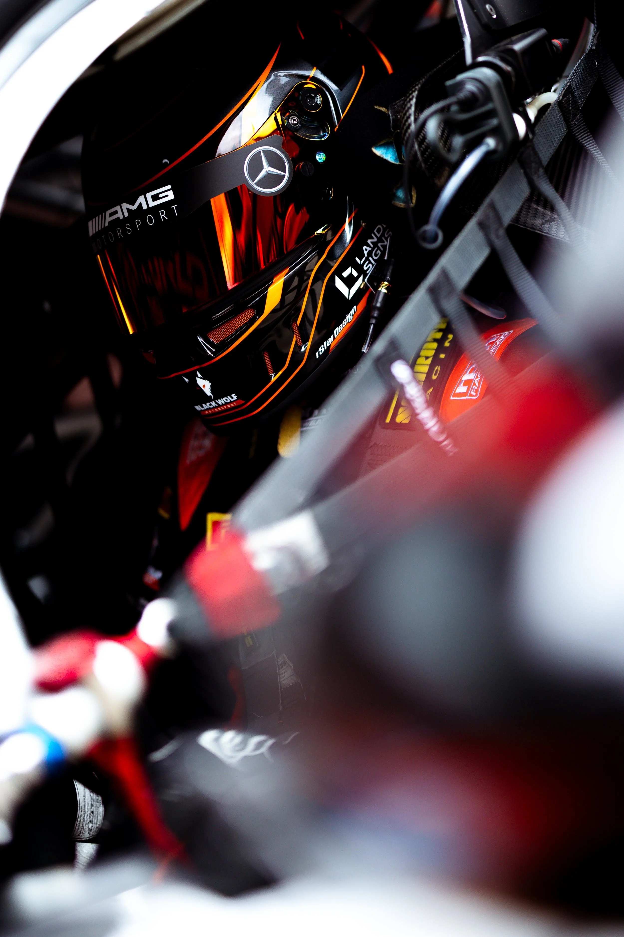 Close up of a Mercedes AMG race helmet. 