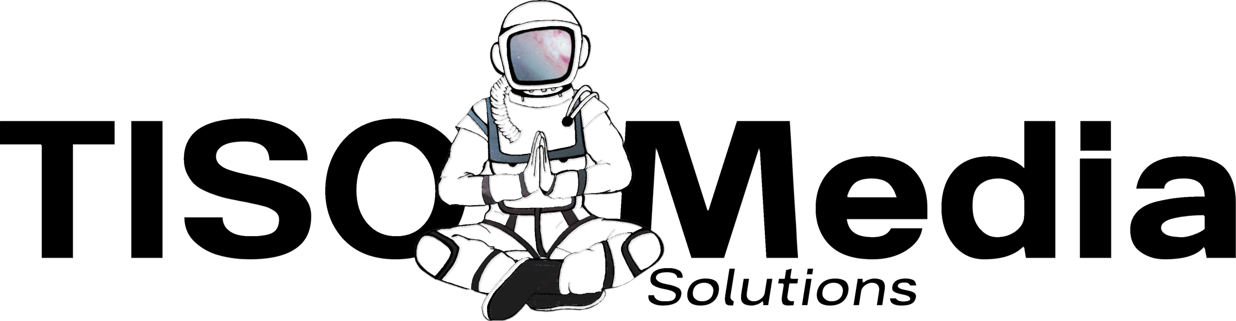 A cartoon illustration of an astronaut sitting in a meditative pose with hands together, with a space helmet reflecting a pinkish nebula, sitting in front of a black background with the partially visible text 'hScience solutions'.