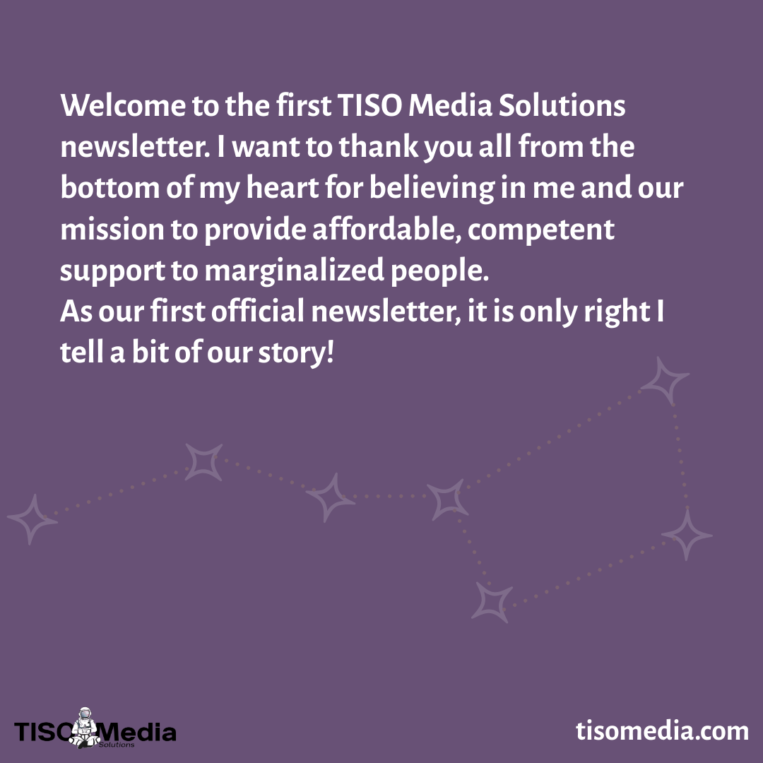 Welcome message for the first TISO Media Solutions newsletter on a purple background with star and constellation graphics, and website URL at the bottom right.