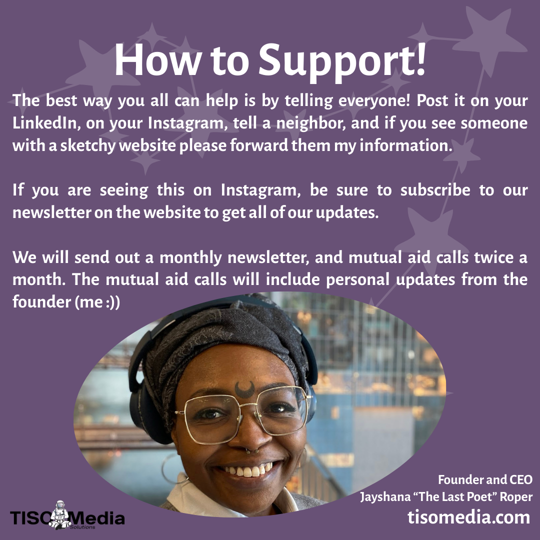 A promotional graphic with a purple background and star-shaped patterns promoting support through social media, featuring a woman with glasses, a nose piercing, and a crescent moon tattoo on her forehead. The graphic includes text encouraging sharing