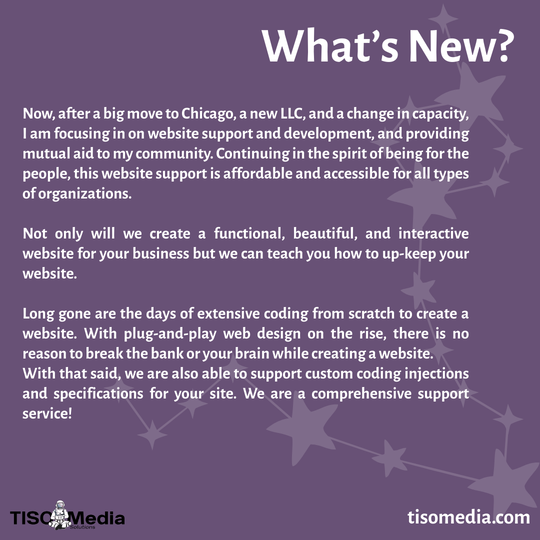 A purple background with white text about website support and development updates, including the company's focus on creating functional, beautiful, and interactive websites, mentioning support for custom coding injections, and featuring the TISO Medi
