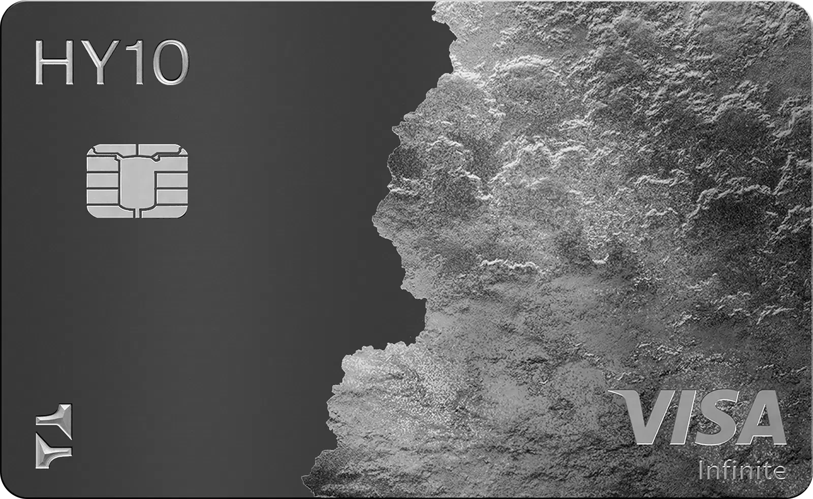 A Visa Infinite credit card with a black and gray design and a textured rock pattern, labeled HY10 with a chip, and the Visa logo at the bottom right.
