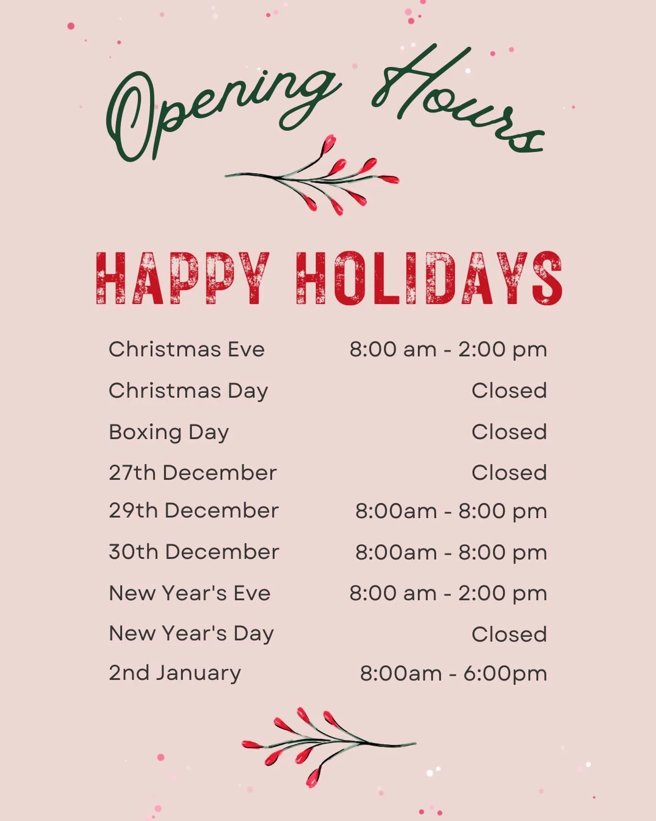 A quick heads up on our Christmas and New Years opening hours. 🎄

Wishing everyone a safe and active festive season.