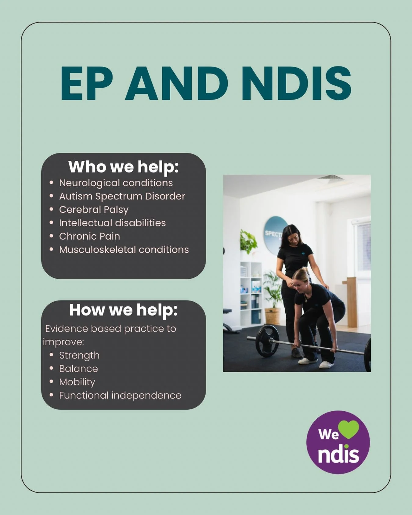 Exercise Physiology under the NDIS is about more than just exercise &mdash; it&rsquo;s about improving independence, confidence, and quality of life.

We work with a wide range of conditions, using evidence-based strategies to build strength, improve
