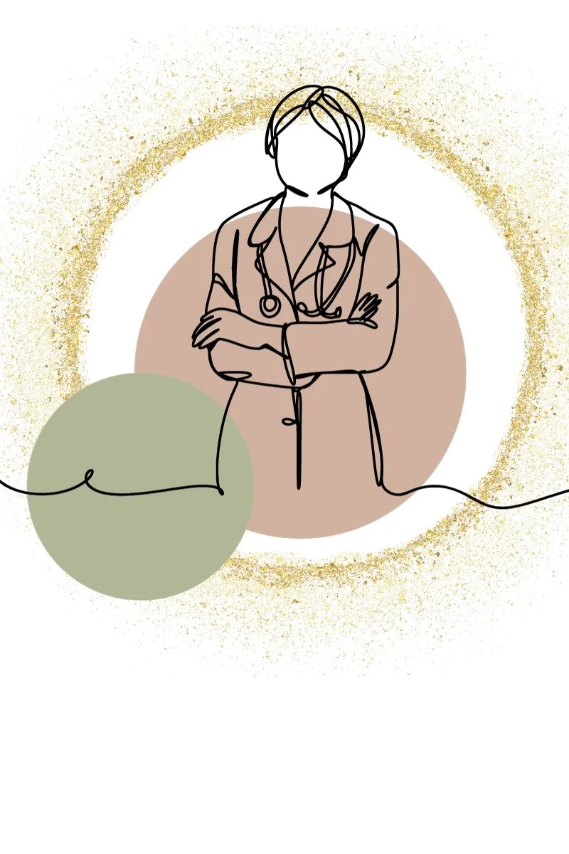 balck line art female doctor with colored circles and a gold glitter circle