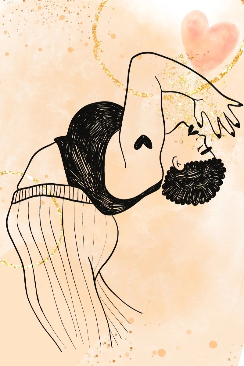 artistic splattered peach pastels with glitter accents background with black line art drawing of a plus size woman with a heart tattoo on her upper arm leaning backwards, dancing - she's in striped pants and black crop top - short cropped hair