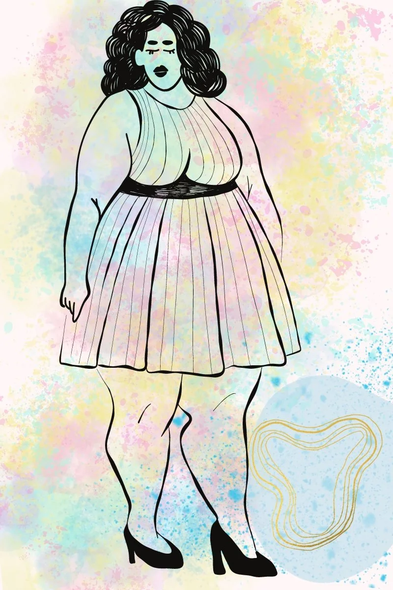 artistic splattered pastels background with black line art drawing of a plus size woman in a dress and high heels