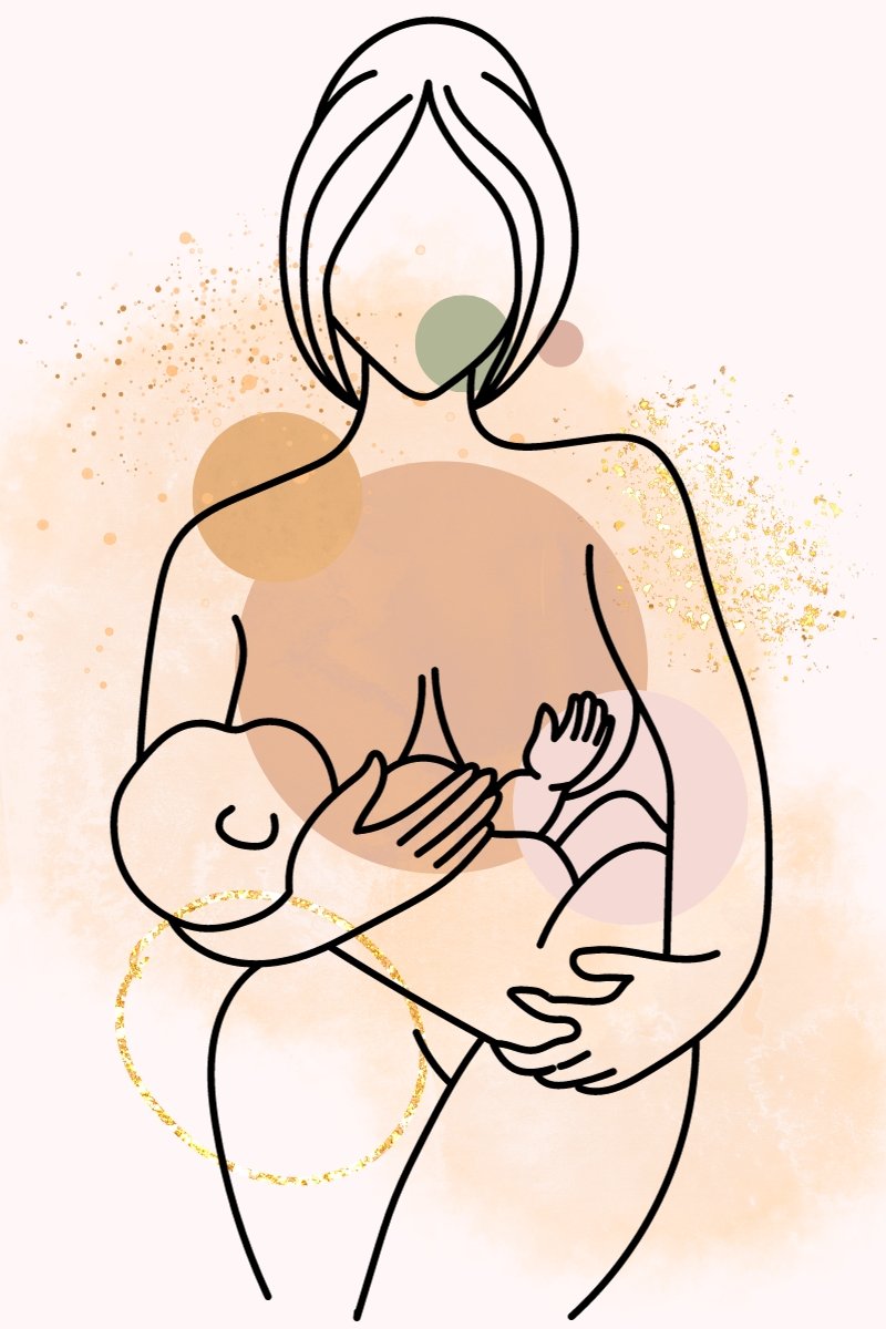 black line art mother breastfeeding a child with graphic circles of different colors, gold flecks, and a gold glitter circle