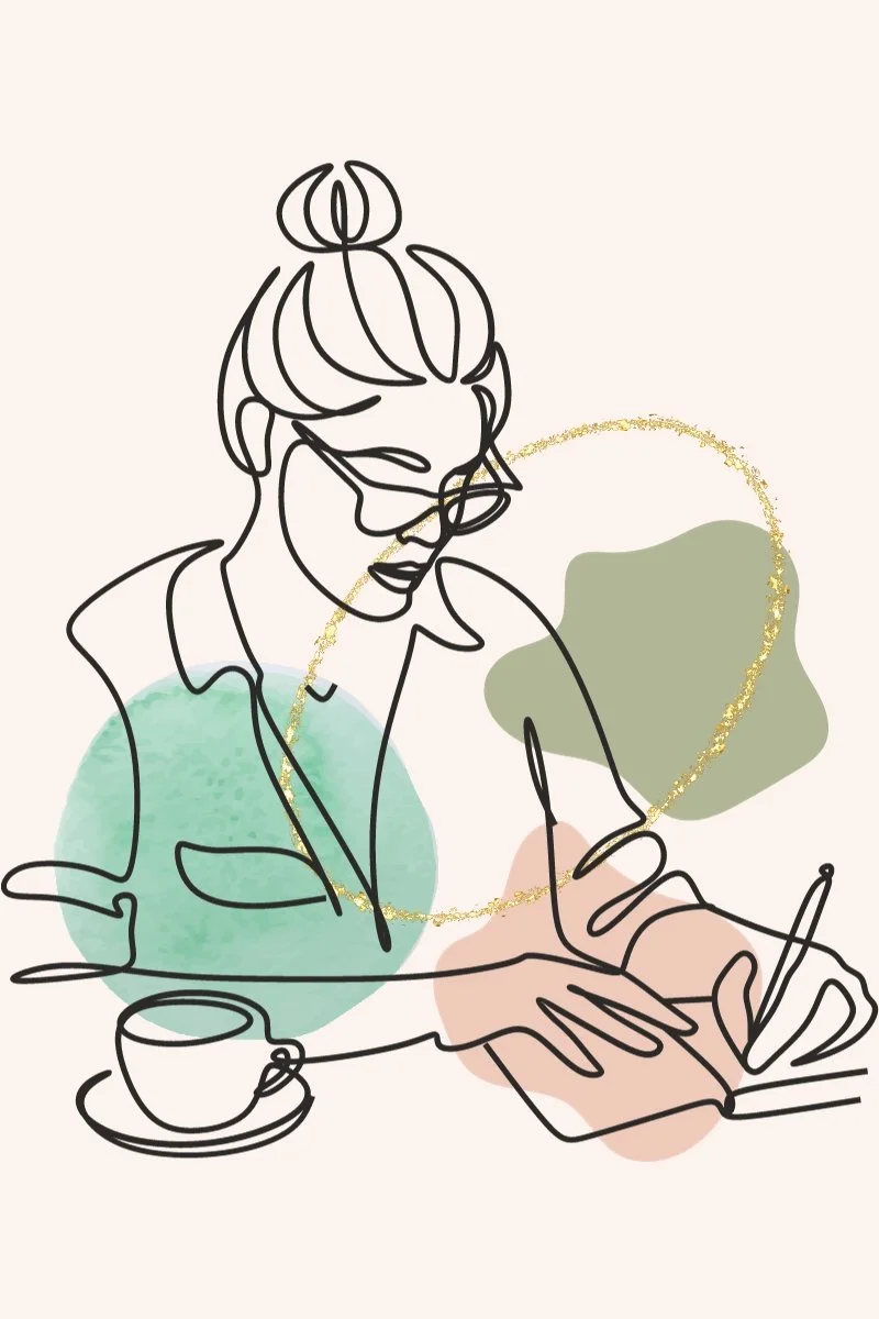 blush pink back ground, graphic shapes in green, peach, and aqua colored globulous shapes, glitter oval with line art female wearing glasses working in notebook, there is a cup of tea and she has a pen in one hand