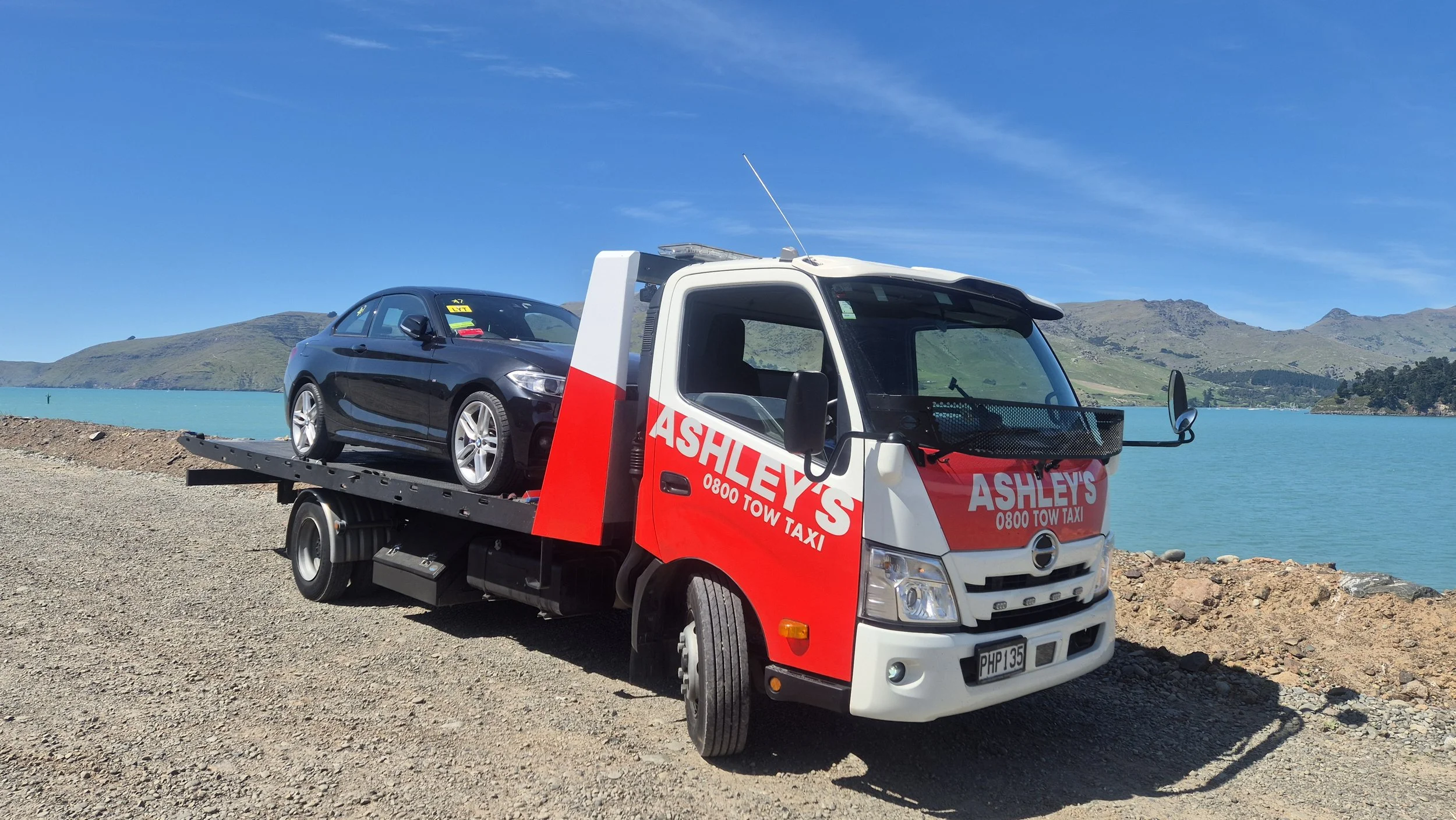 Towing a car from the port to Christchurch