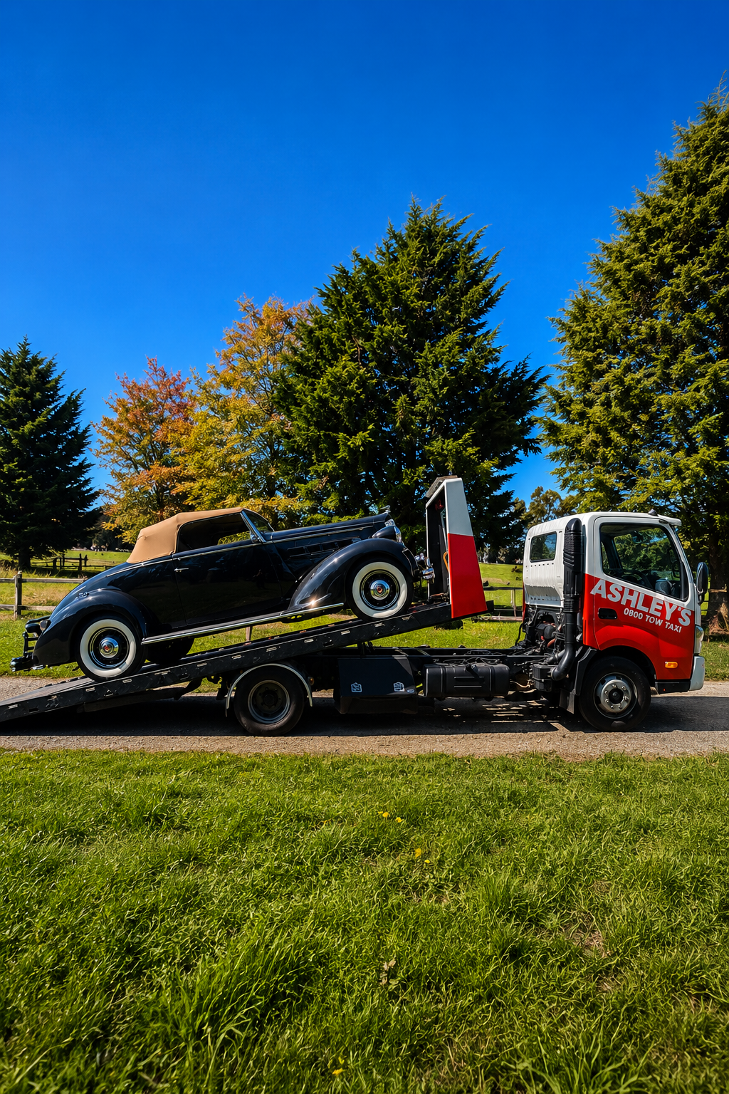 Classic car on tow truck being towed to restoration