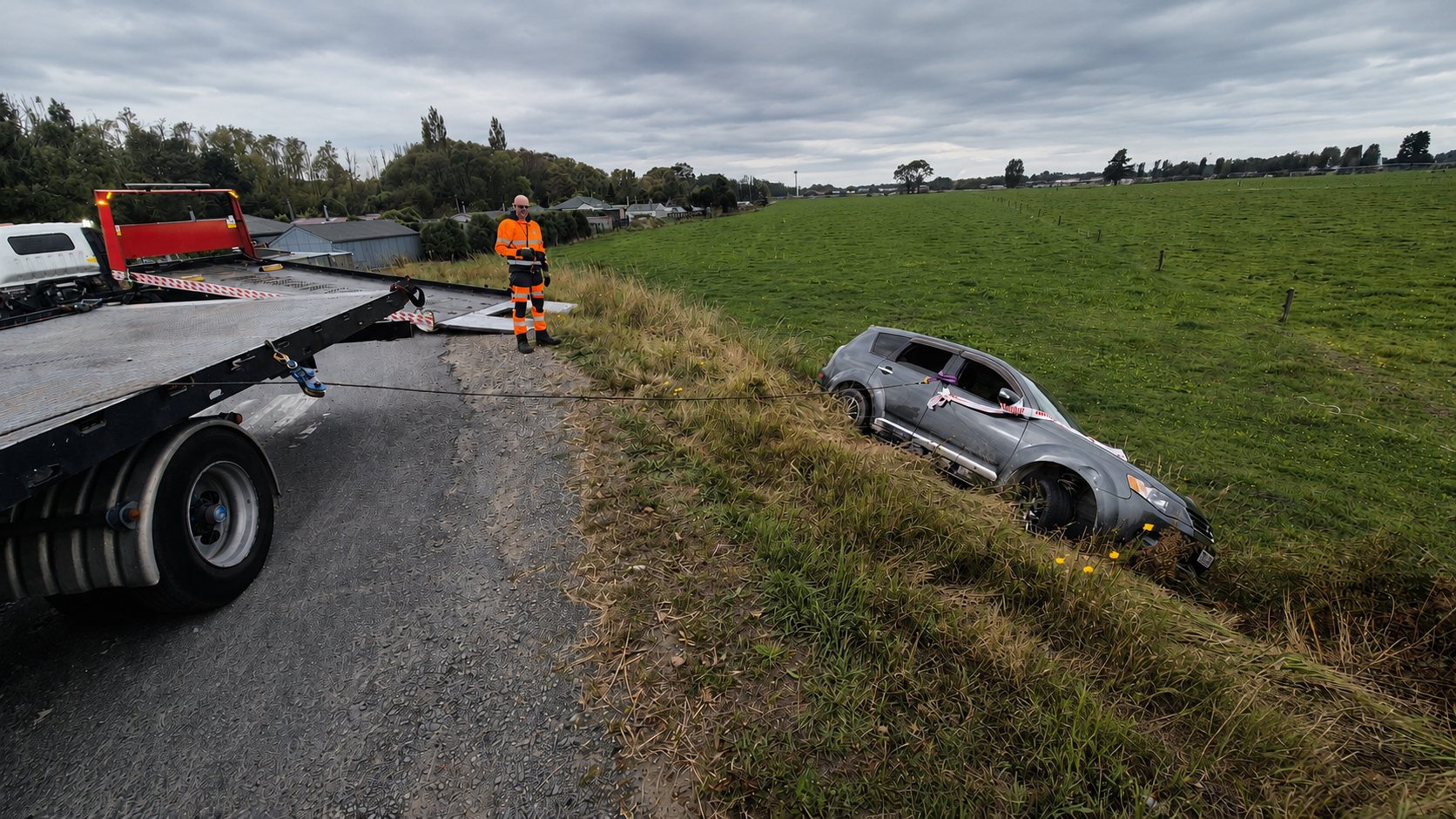 Accident damaged car in Christchurch needs tow truck