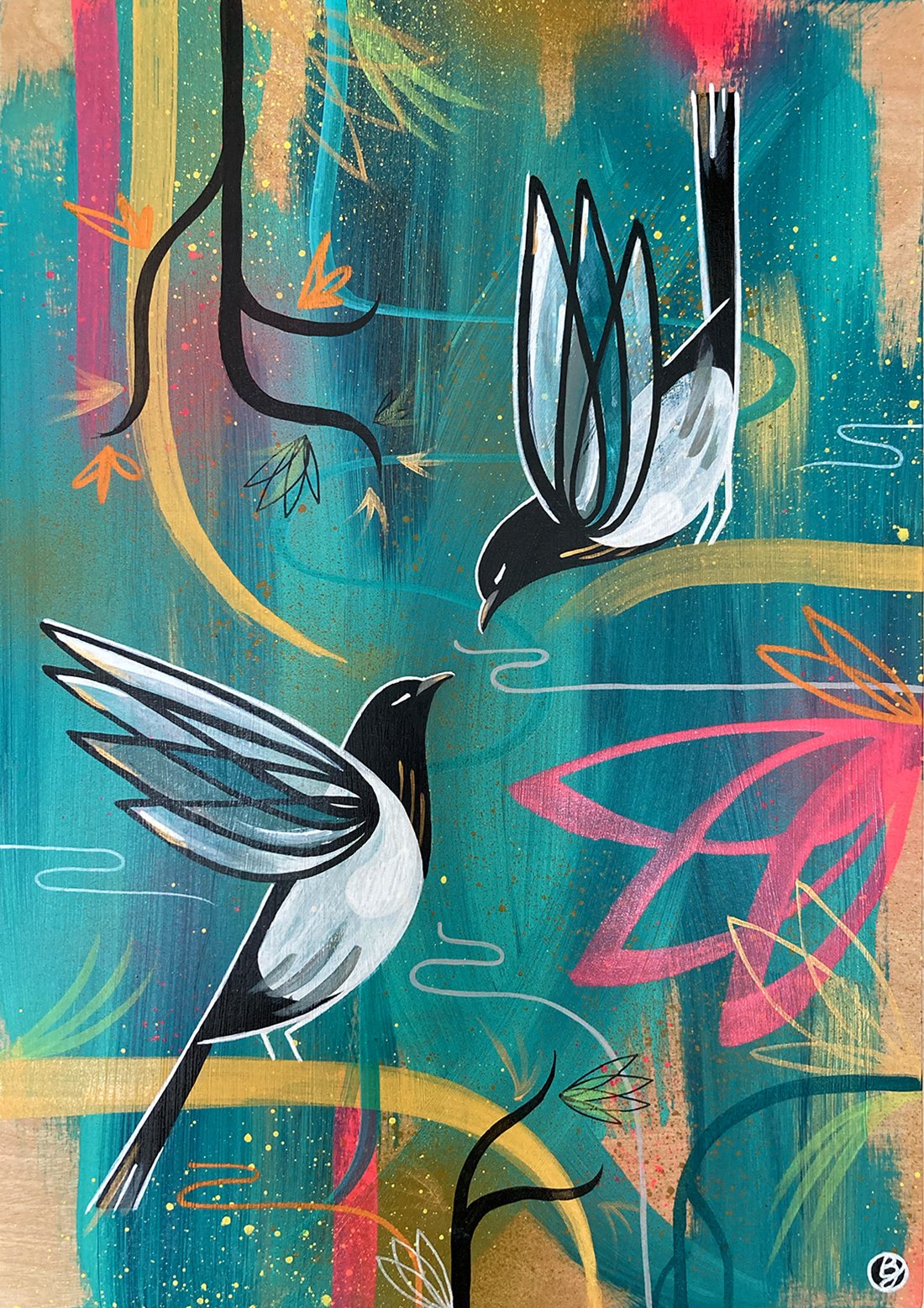 Contemporary, abstract wildlife painting of two magpies in spray paint and acrylic by Bex Glover