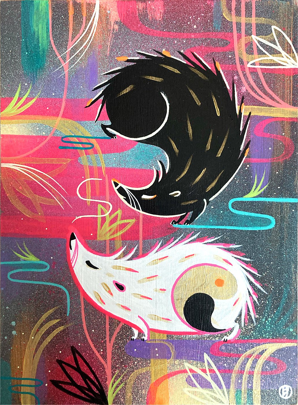 Contemporary, abstract wildlife painting of two hedgehogs in spray paint and acrylic by Bex Glover