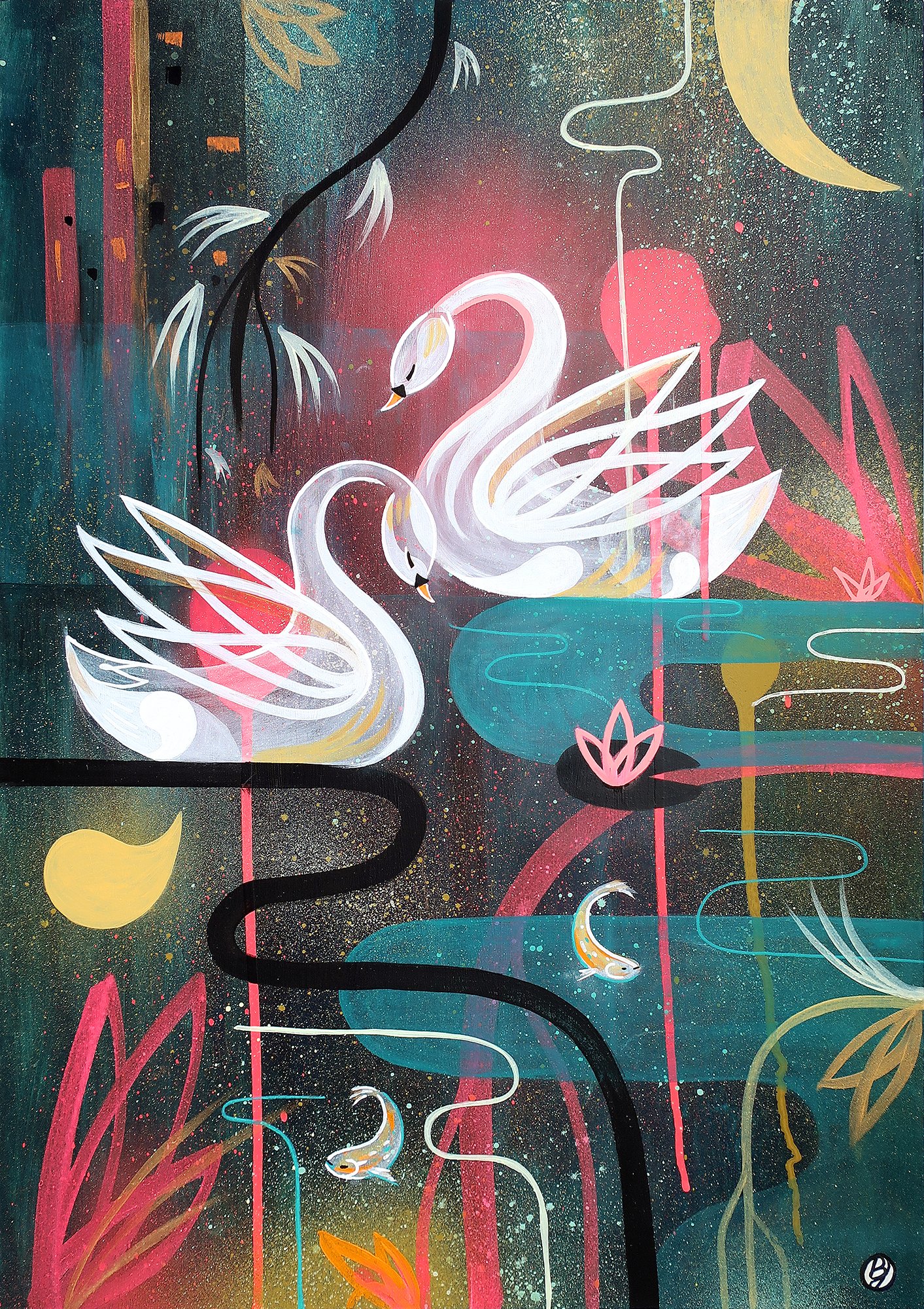 Contemporary, abstract wildlife painting of two swans on the water in spray paint and acrylic by Bex Glover