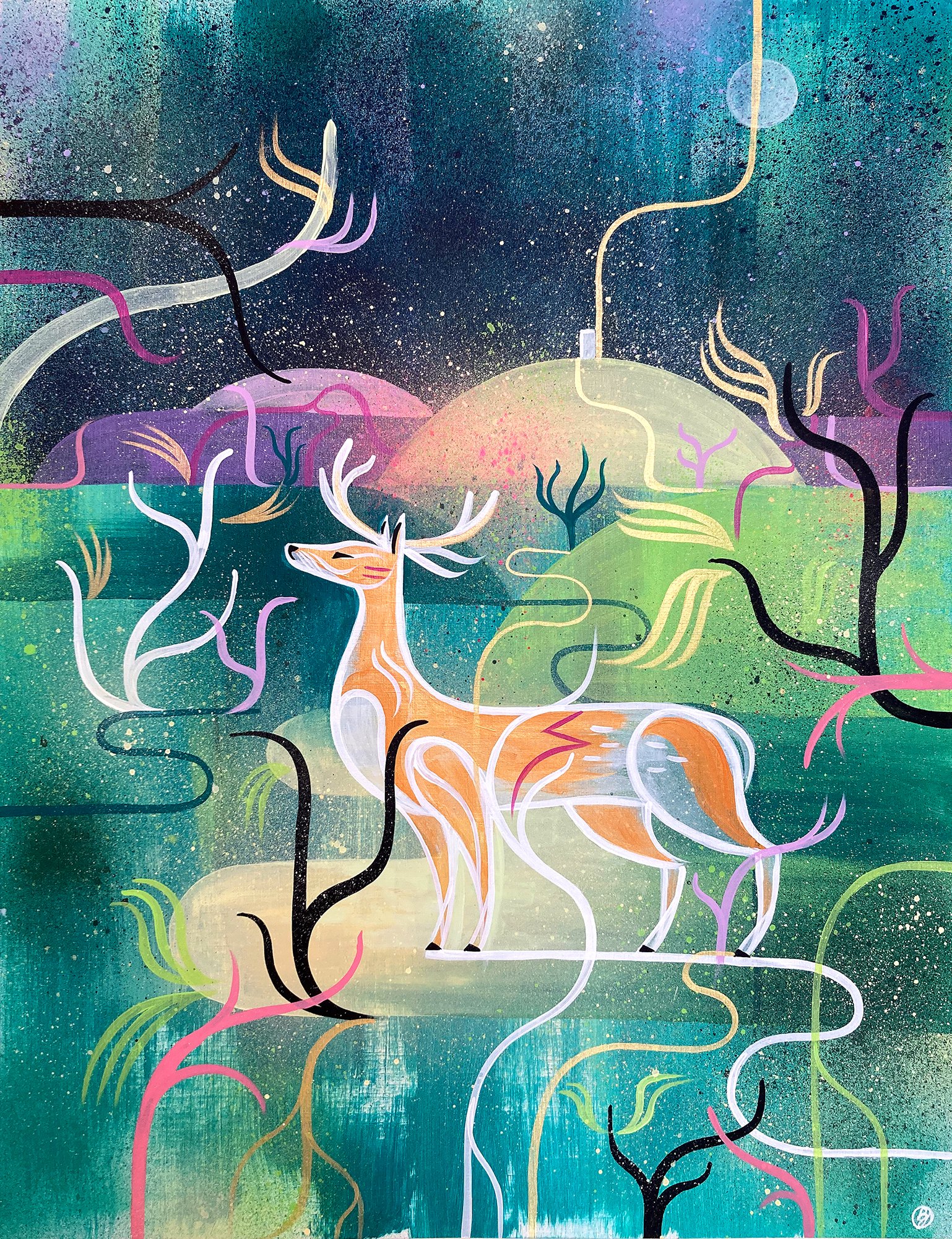 Contemporary, abstract wildlife painting of a deer with Glastonbury tor in the background in spray paint and acrylic by Bex Glover