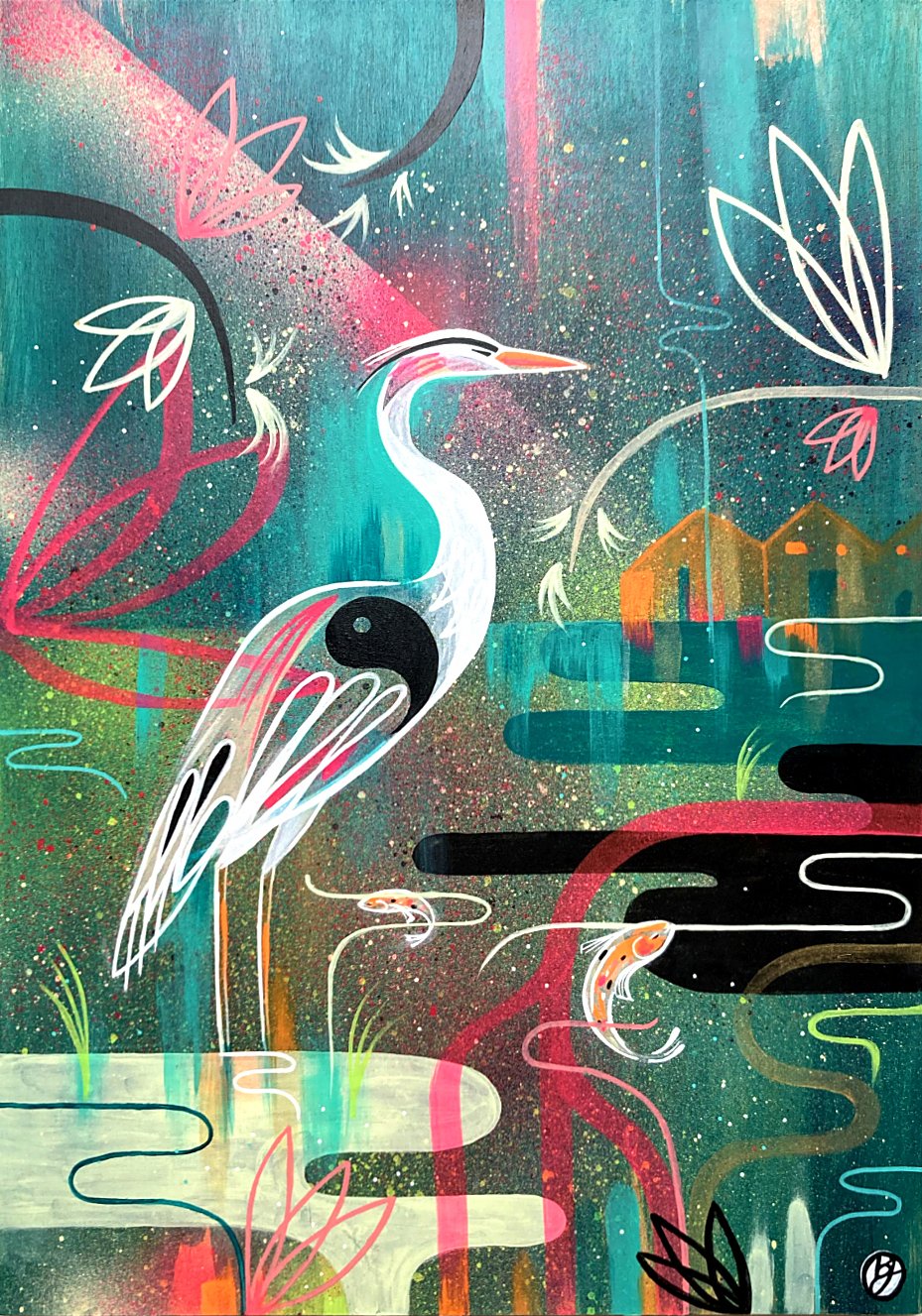 Contemporary, abstract wildlife painting of a heron in the reeds in spray paint and acrylic by Bex Glover