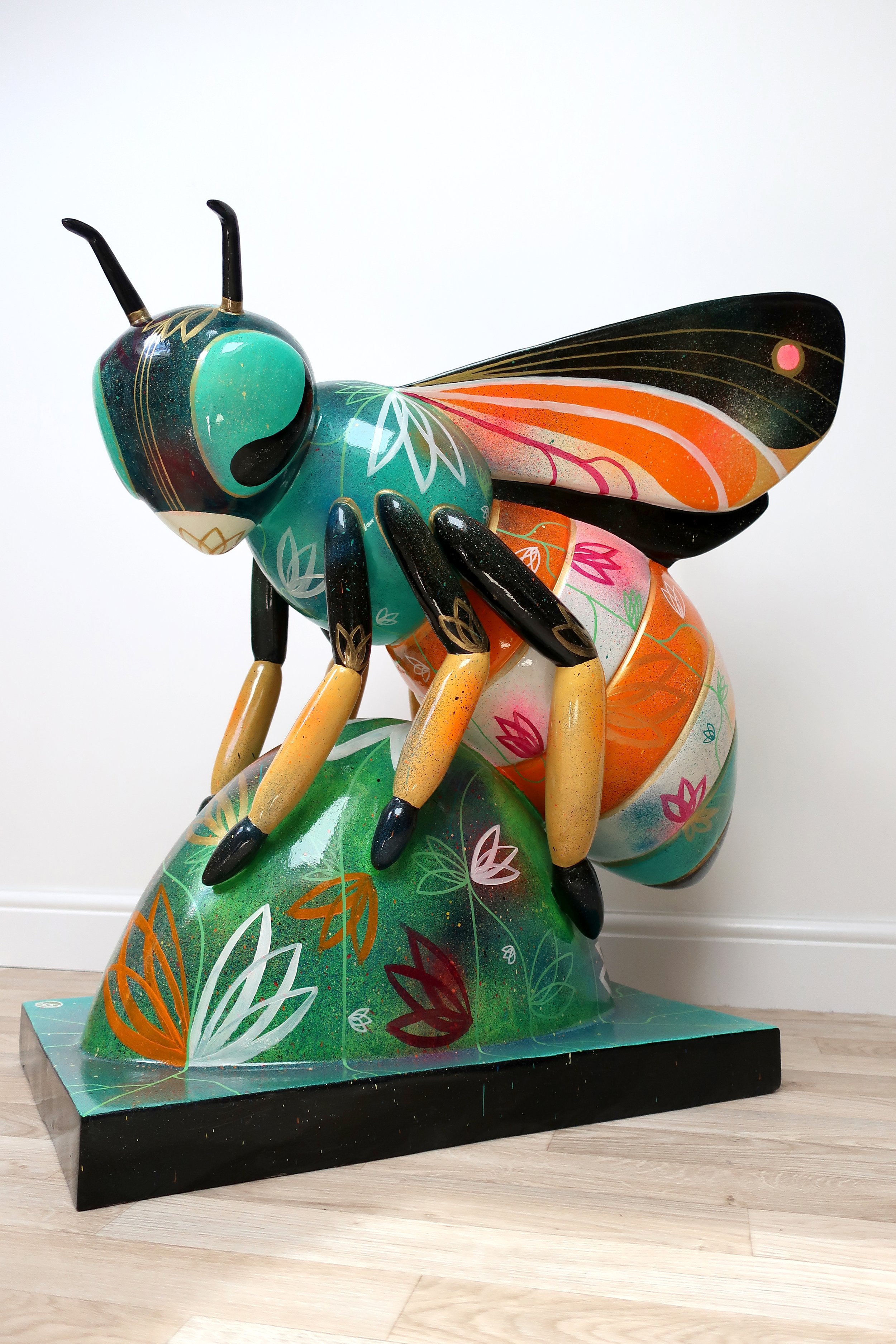 Hand painted Bee sculpture in acrylic and spray painty by Bex Glover