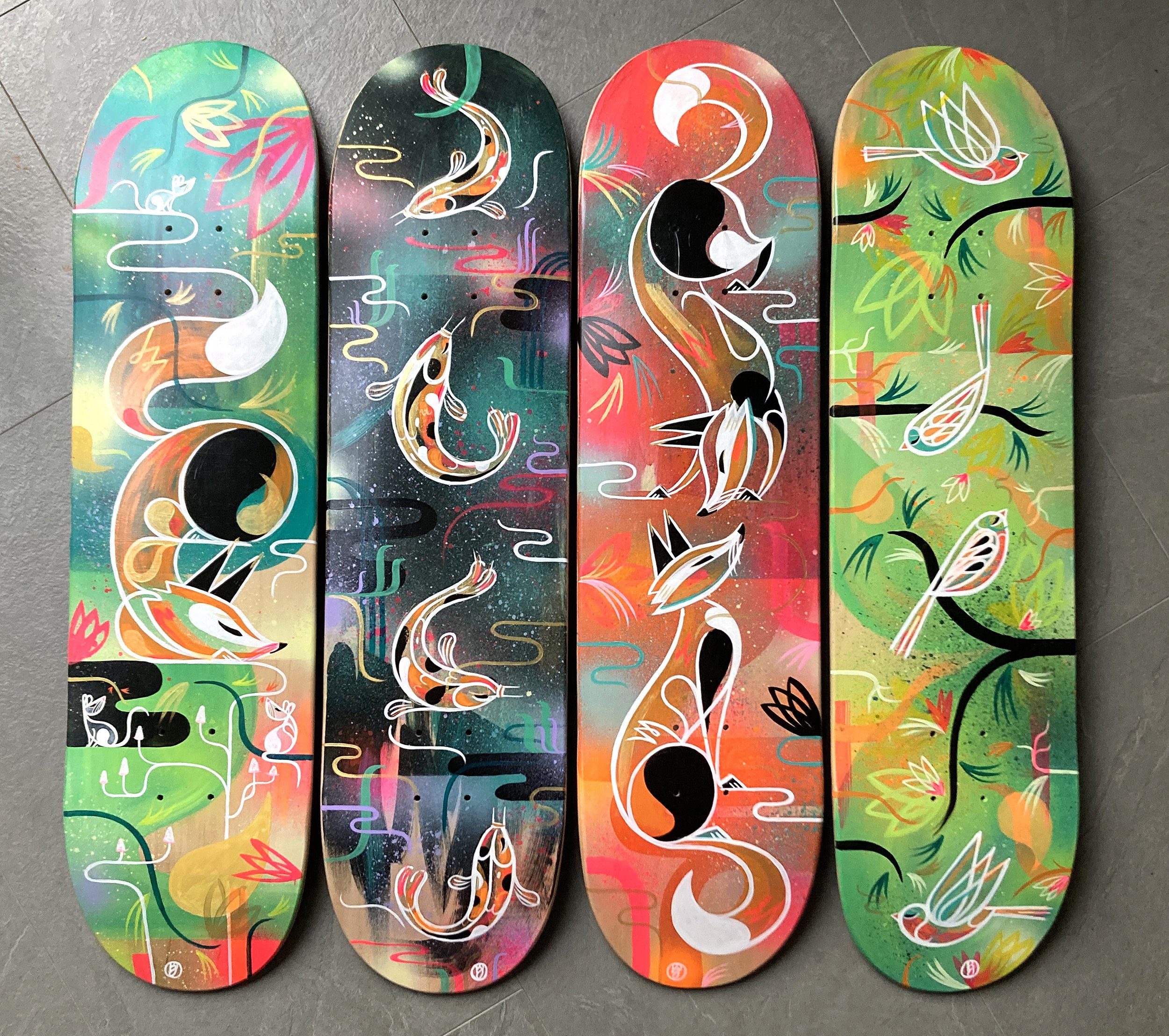 Contemporary artist, hand painted skateboards by Bex Glover featuring vibrant and stylised wildlife.