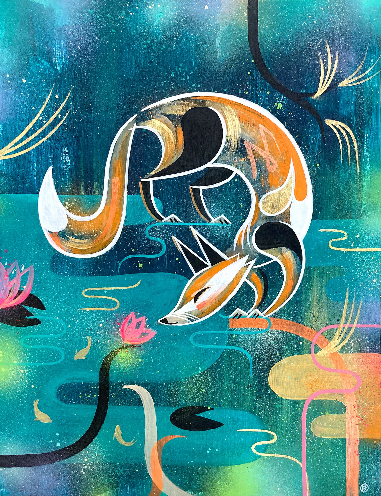 Contemporary, whimsical wildlife painting of a fox by a pool in spray paint and acrylic by Bex Glover