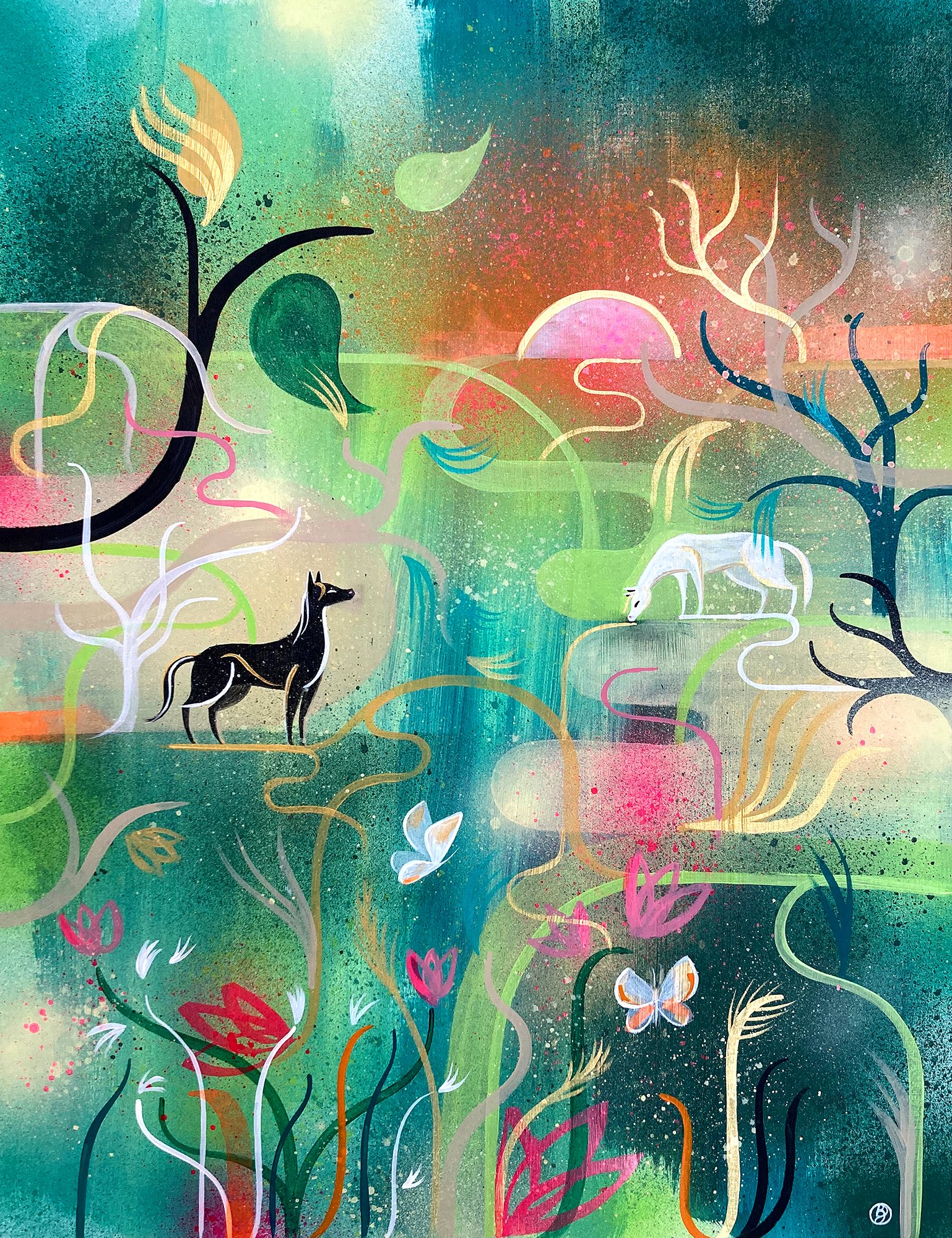 Contemporary, abstract wildlife painting of two horses in spray paint and acrylic by Bex Glover