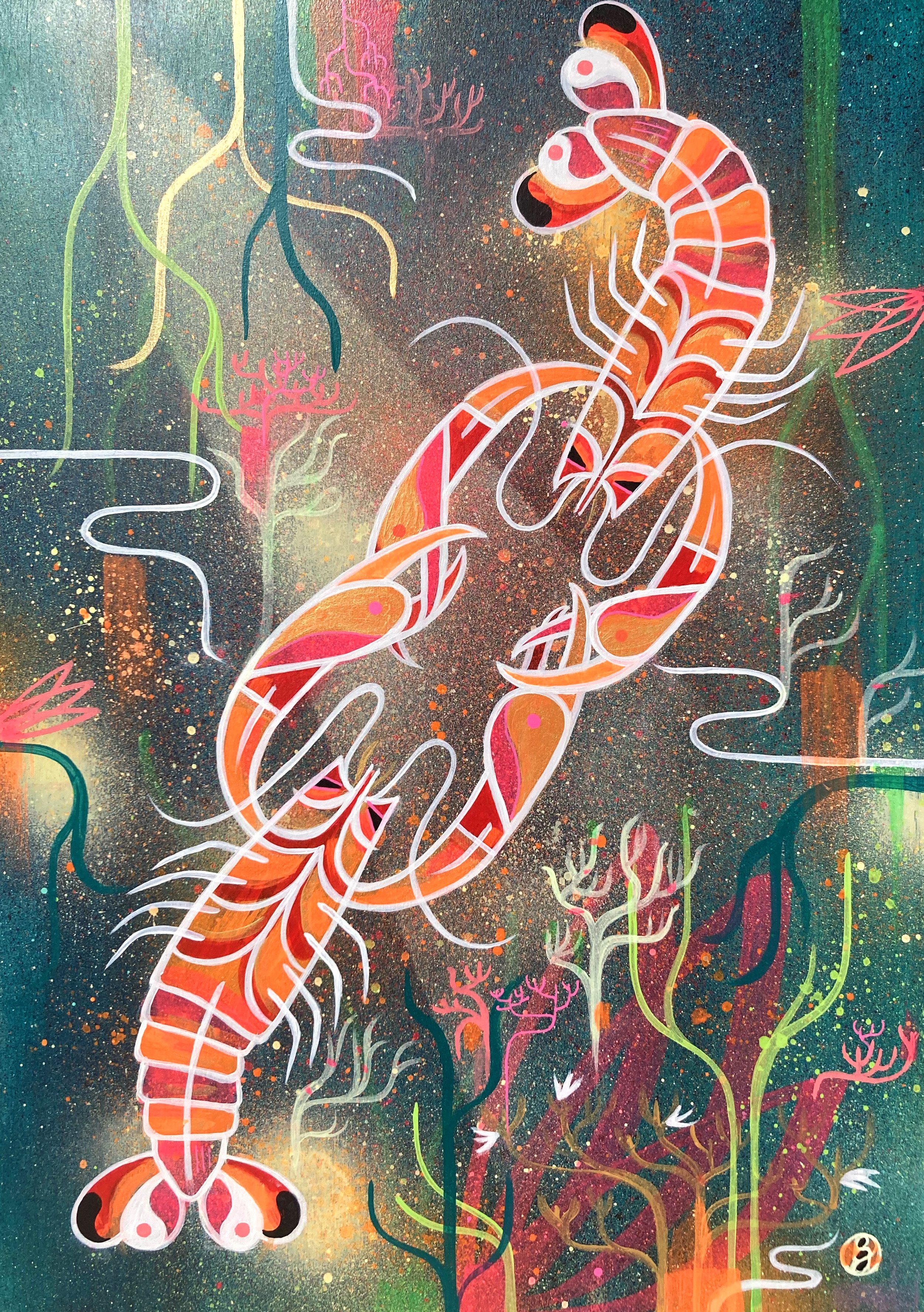 Contemporary, abstract wildlife painting of two lobsters by the water in spray paint and acrylic by Bex Glover