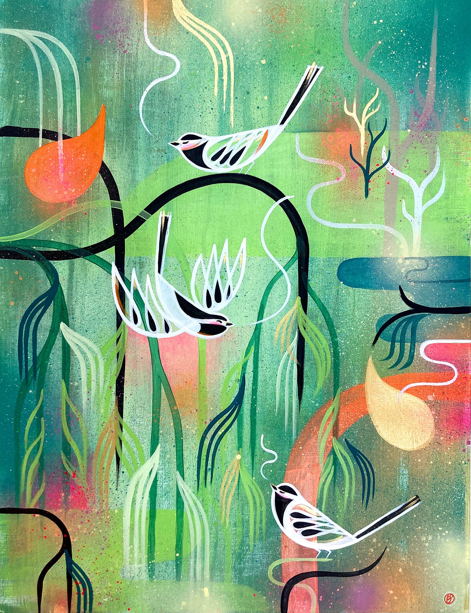 Contemporary, abstract wildlife painting of three wagtails in a willow tree in spray paint and acrylic by Bex Glover