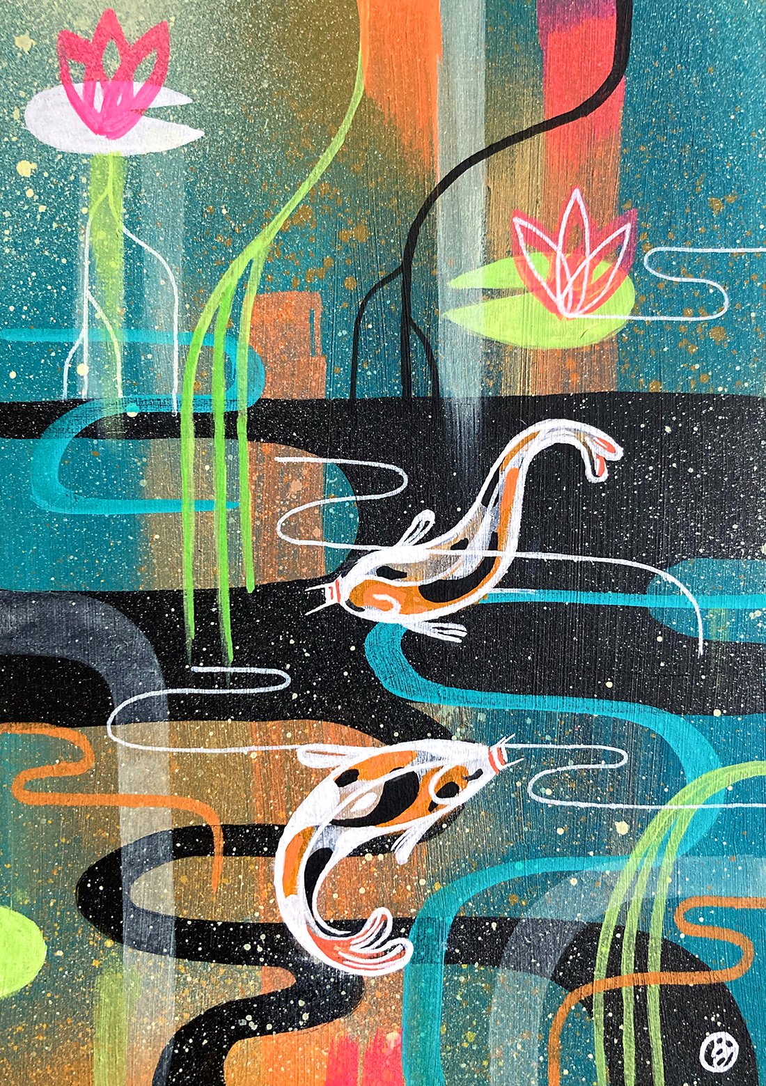 Contemporary, abstract wildlife painting of two koi carp in the water in spray paint and acrylic by Bex Glover