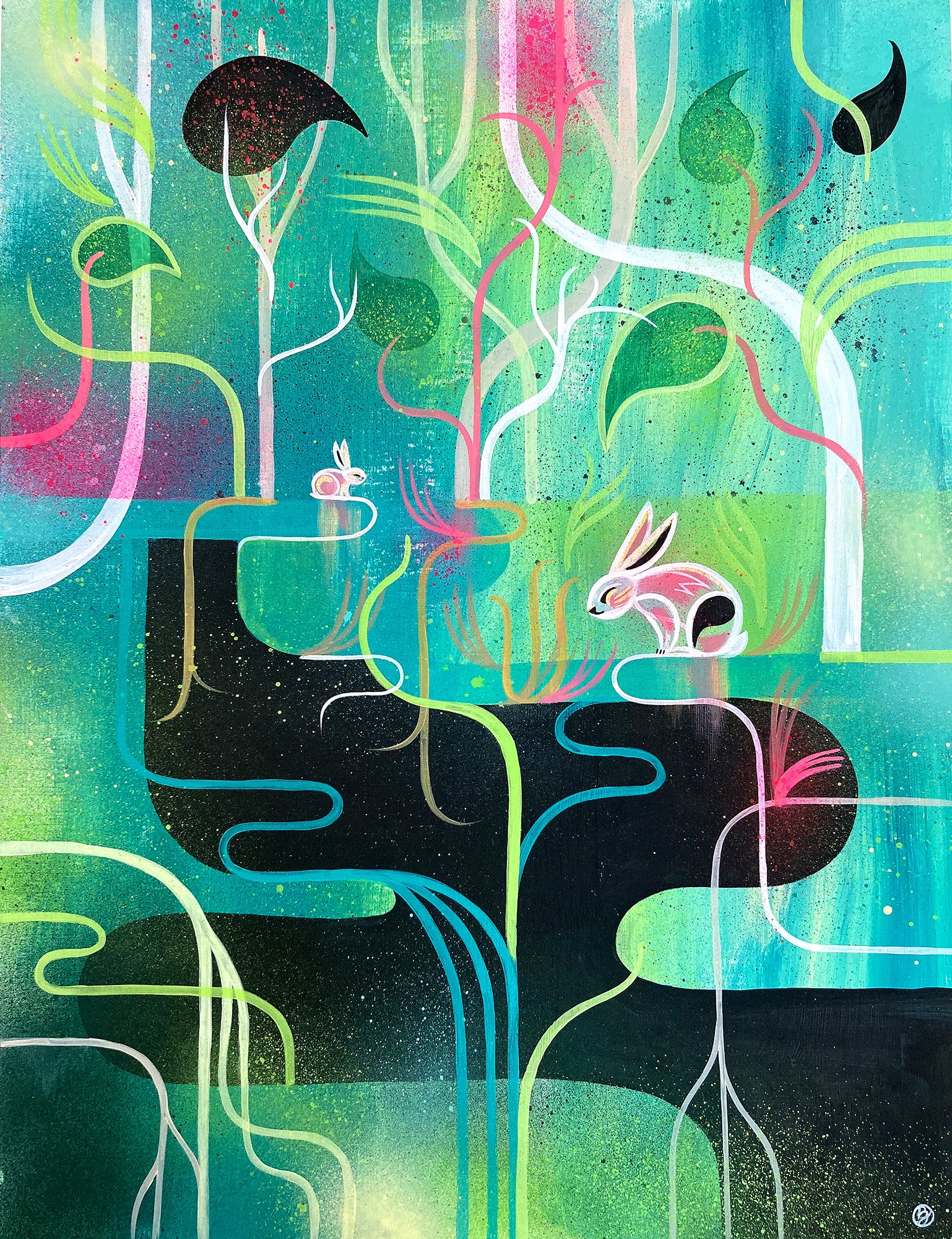 Contemporary, abstract wildlife painting of rabbits by a cave in spray paint and acrylic by Bex Glover