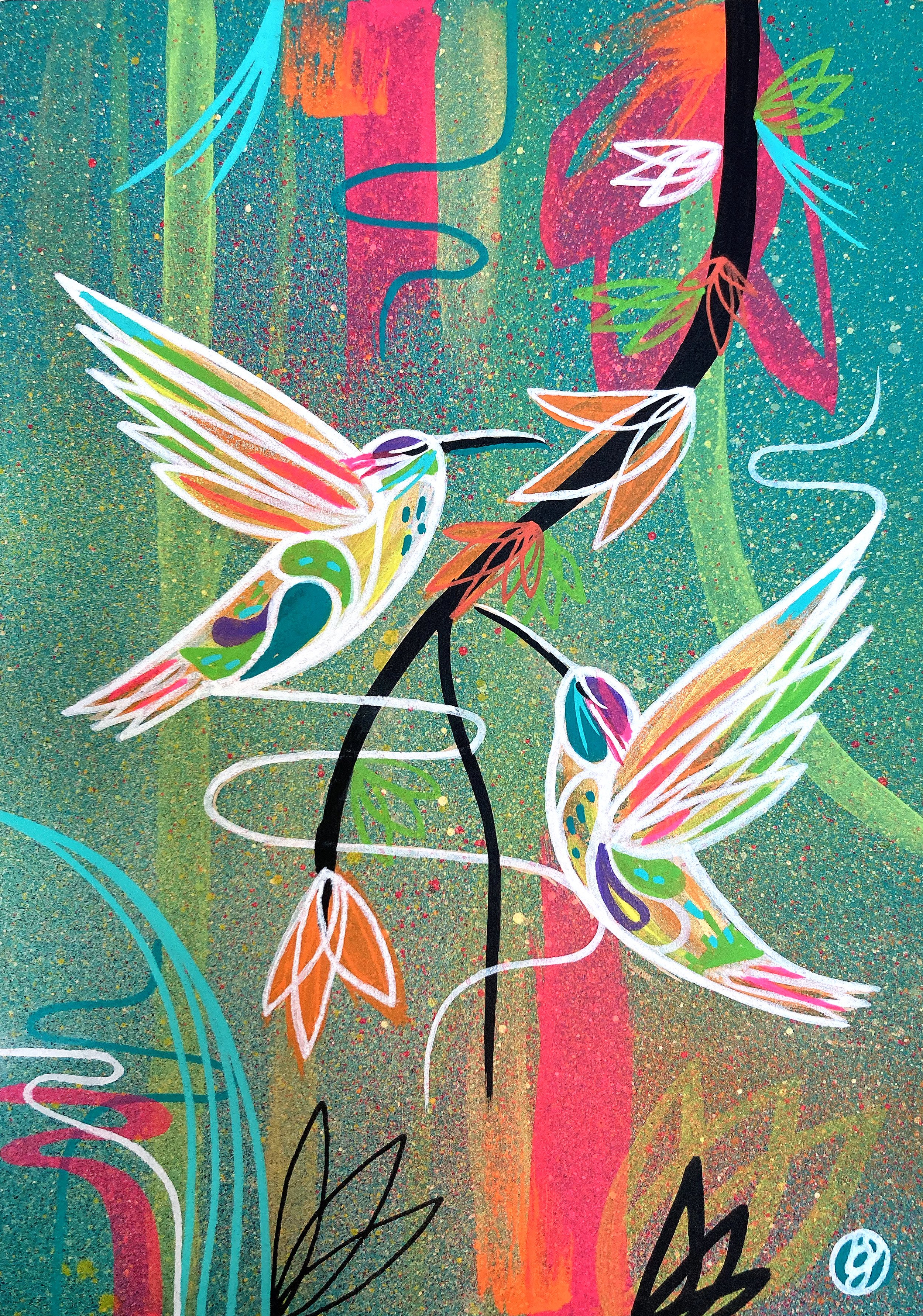 Contemporary artist, hand painted canvas by Bex Glover featuring two hummingbirds in spray paint and acrylic.