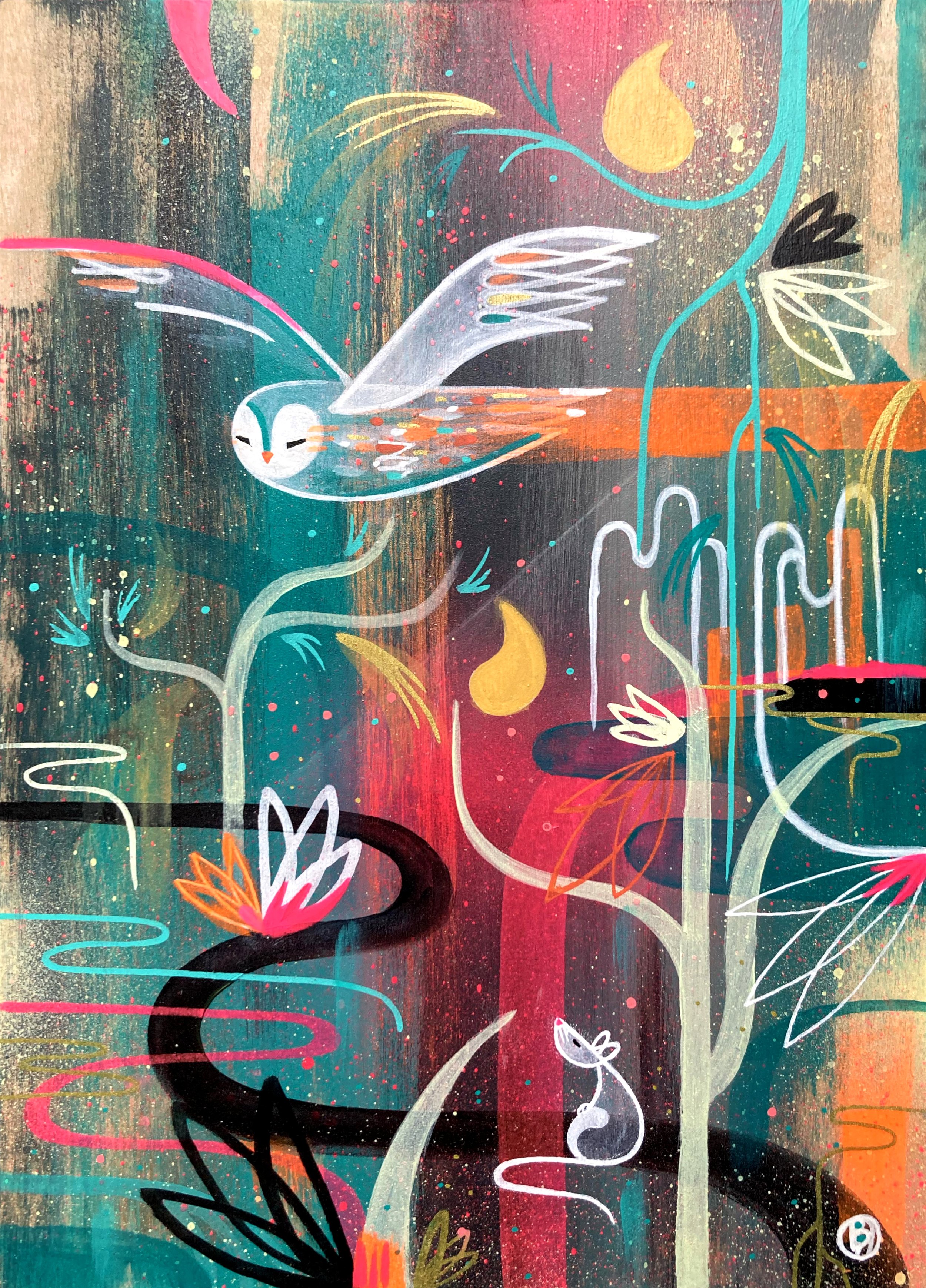 Contemporary, stylised wildlife painting of an owl in the woods in spray paint and acrylic by Bex Glover