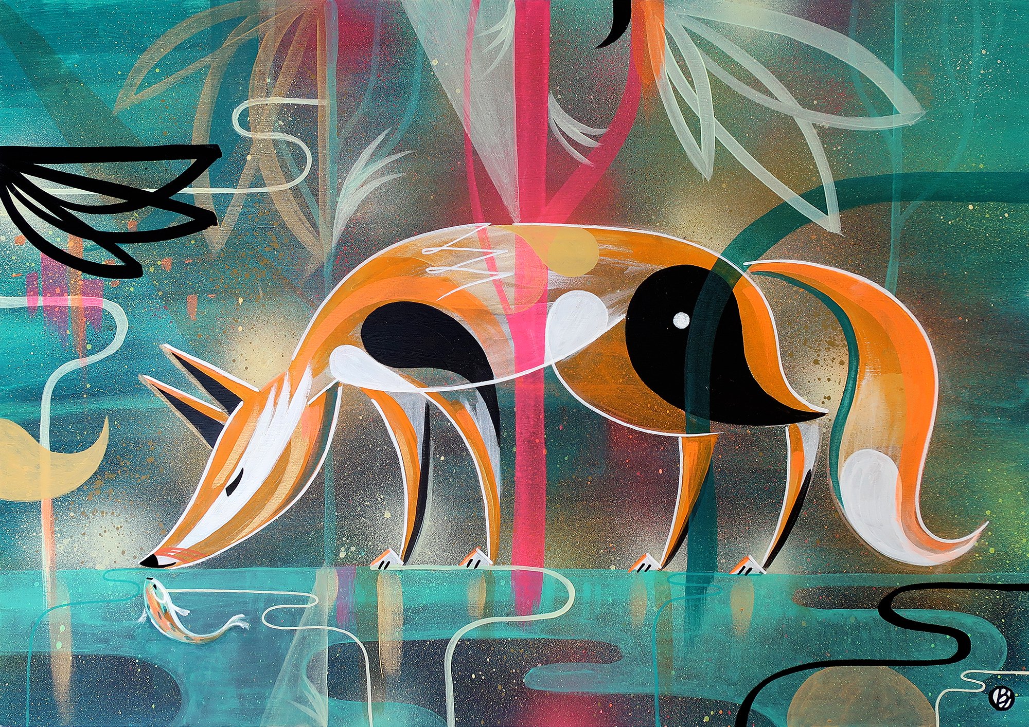 Contemporary, abstract wildlife painting of a fox and a fish by the water in spray paint and acrylic by Bex Glover