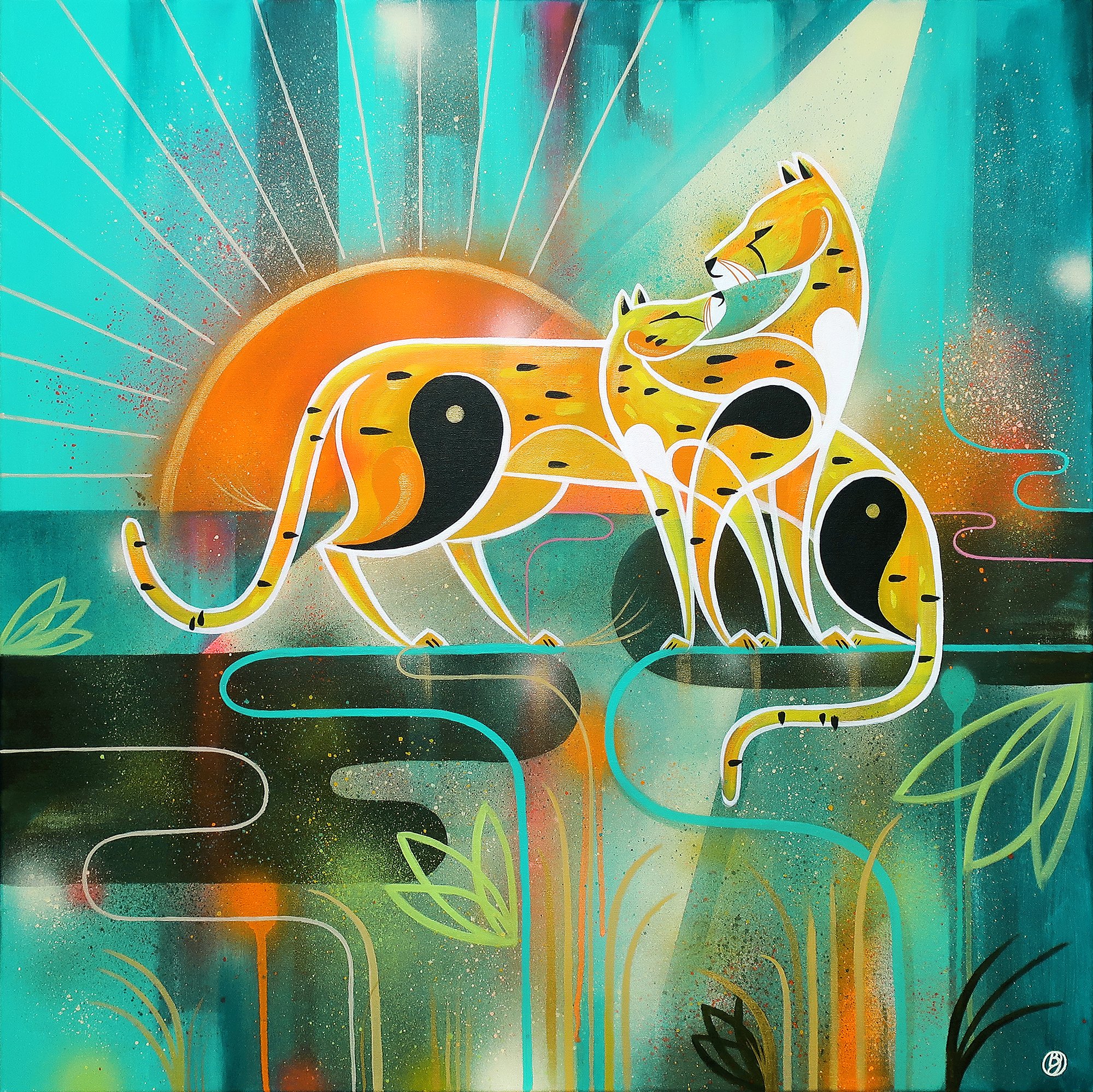 Contemporary, abstract wildlife painting of a cheetah mother and cub in spray paint and acrylic by Bex Glover