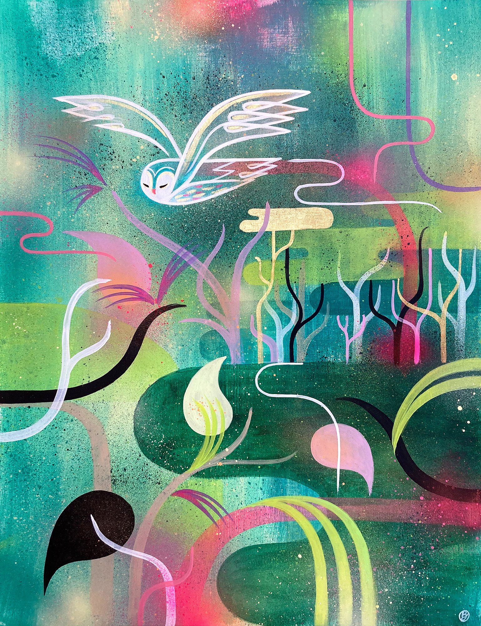 Contemporary, abstract wildlife painting of an owl in the woods in spray paint and acrylic by Bex Glover