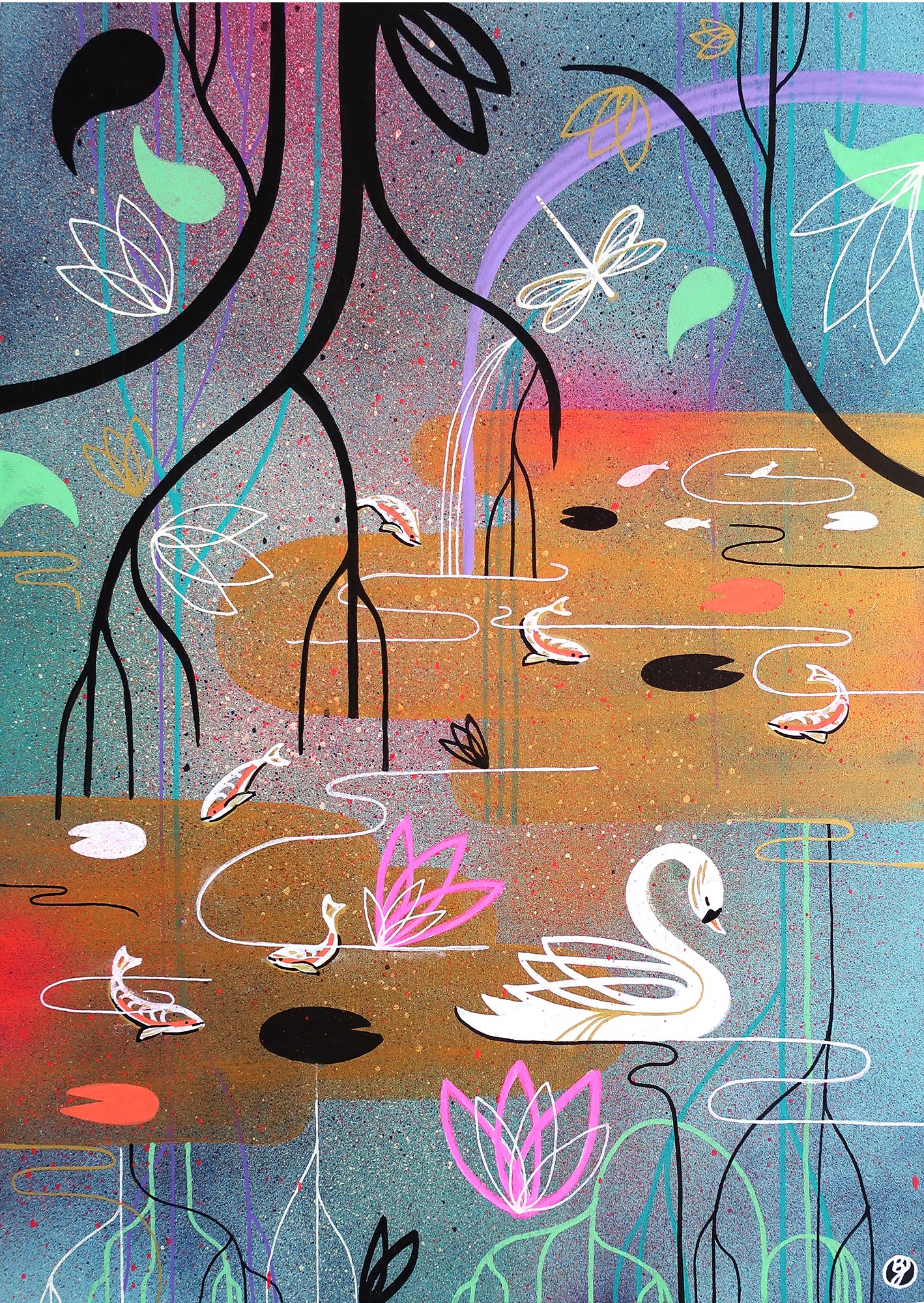 Contemporary, abstract wildlife painting of a swan on a golden lake in spray paint and acrylic by Bex Glover