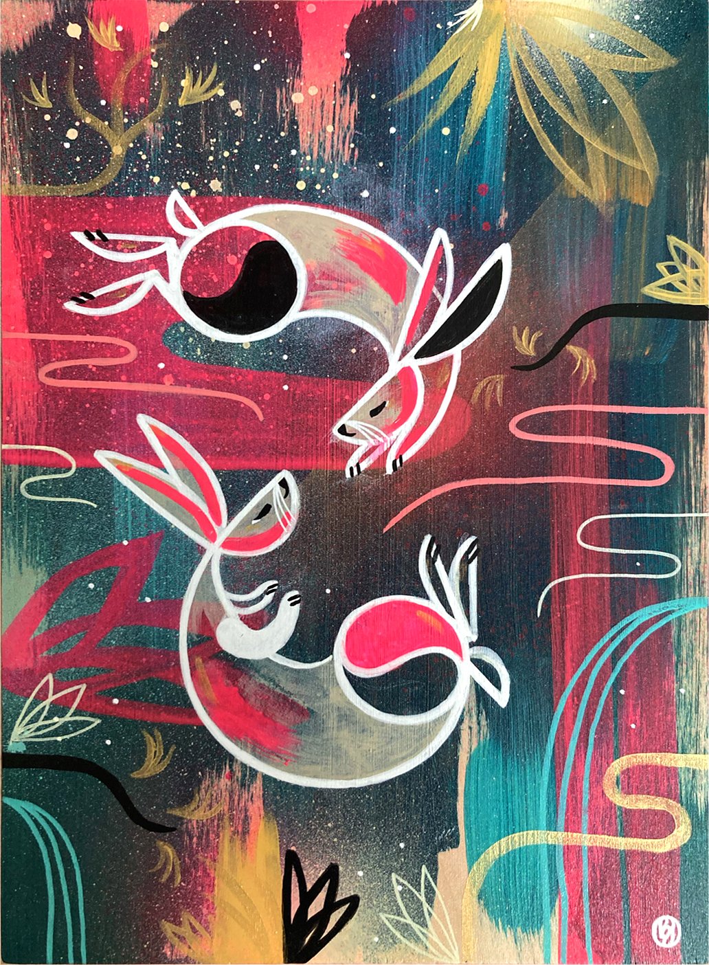 Contemporary, stylised wildlife painting of two playing rabbits in spray paint and acrylic by Bex Glover