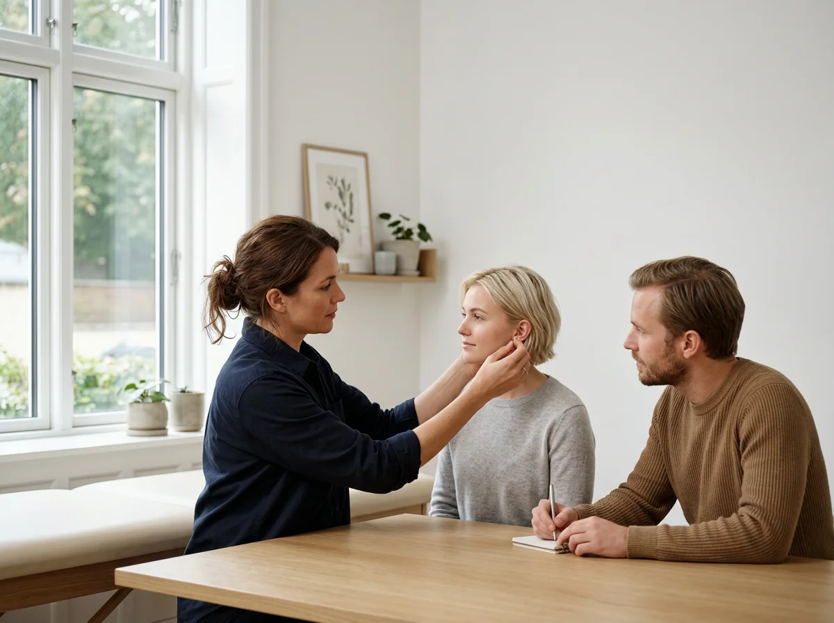 En kvinna som utför NADA på en annan kvinna medan en man skriver i ett anteckningsblock i ett ljust rum.