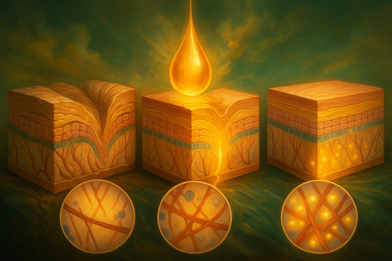 The image depicts three blocks representing layered tissues of the human skin, with a glowing drop of oil or liquid above the middle block. Below the blocks, there are three circular views showing detailed magnified cross-sections of the tissue, highlighting fibers, cells, and glowing particles within the layers.
