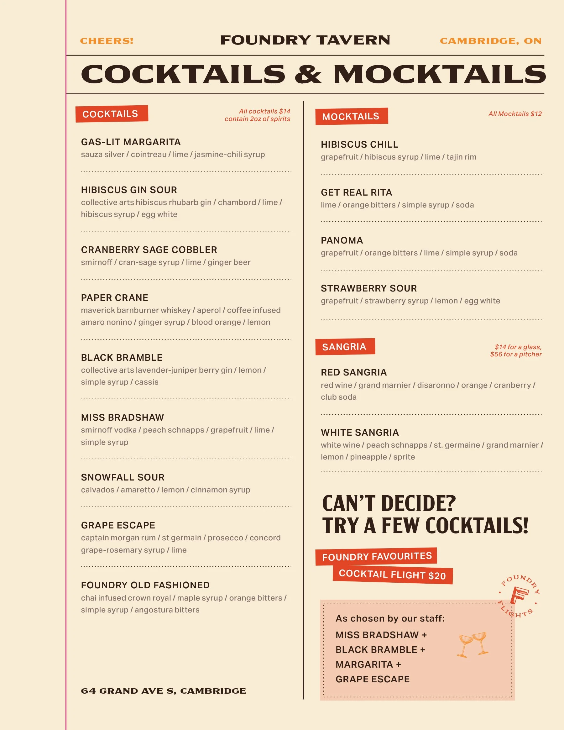 Foundry Tavern Drink Menu