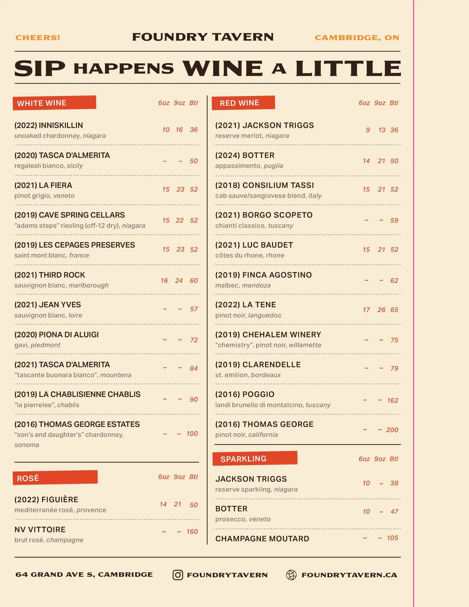 Foundry Tavern Drink Menu