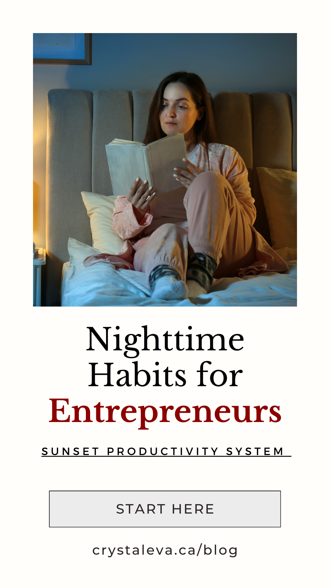 Woman reading a book in bed at night, promoting nighttime habits for entrepreneurs
