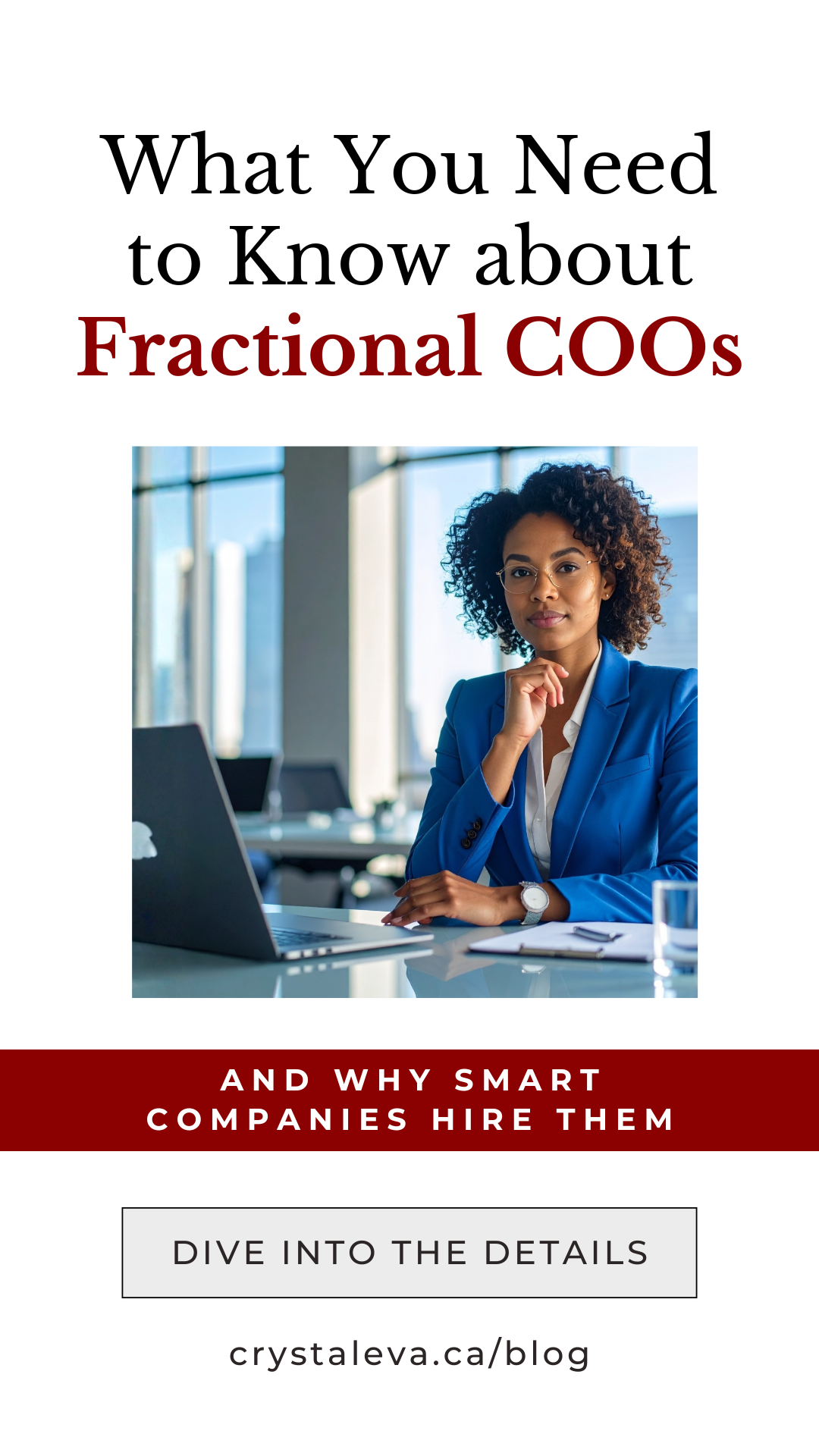 Businesswoman at laptop with headline about fractional COOs and why smart companies hire them