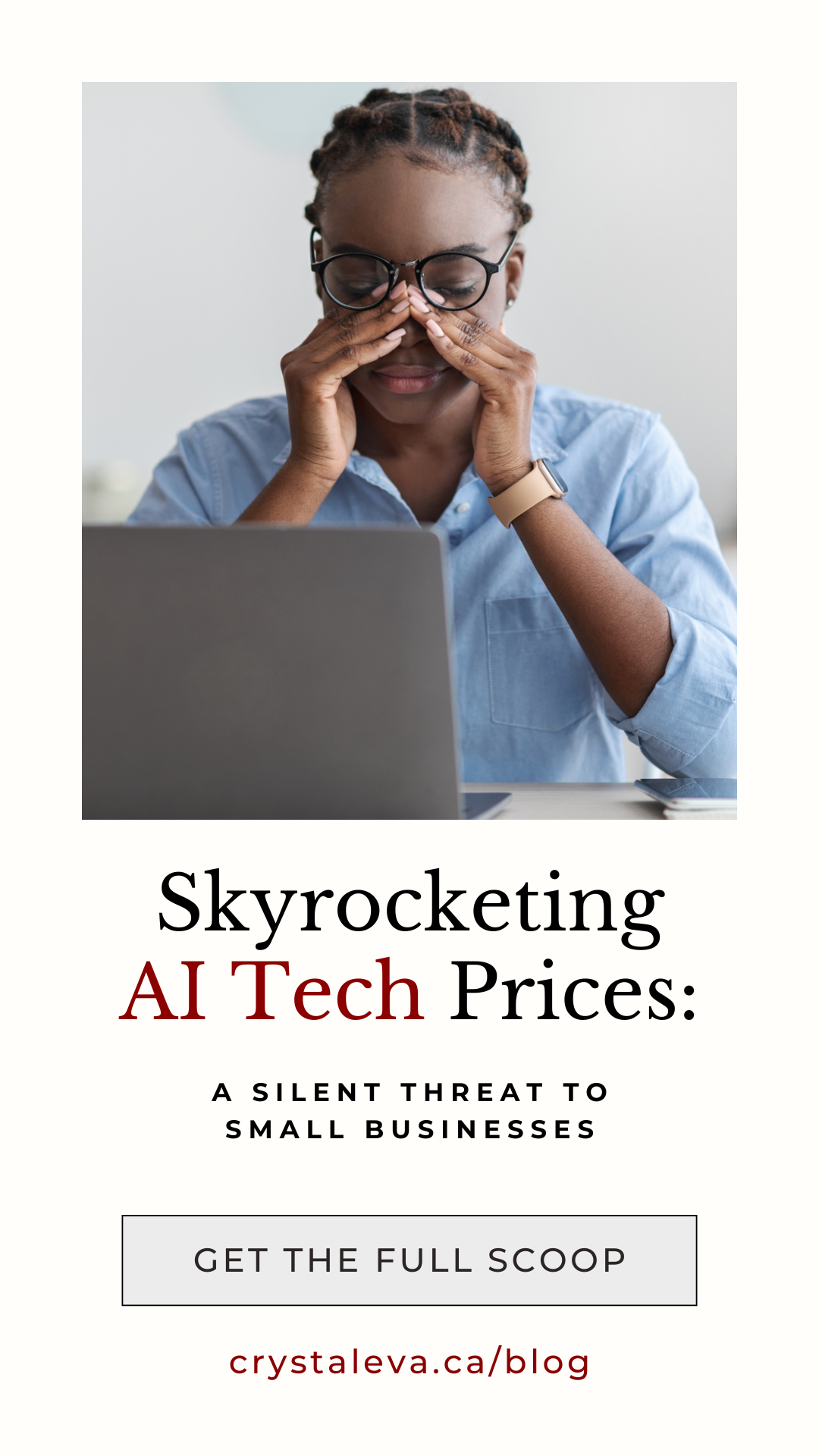 Stressed business owner at laptop with headline about skyrocketing AI tech prices threatening small businesses