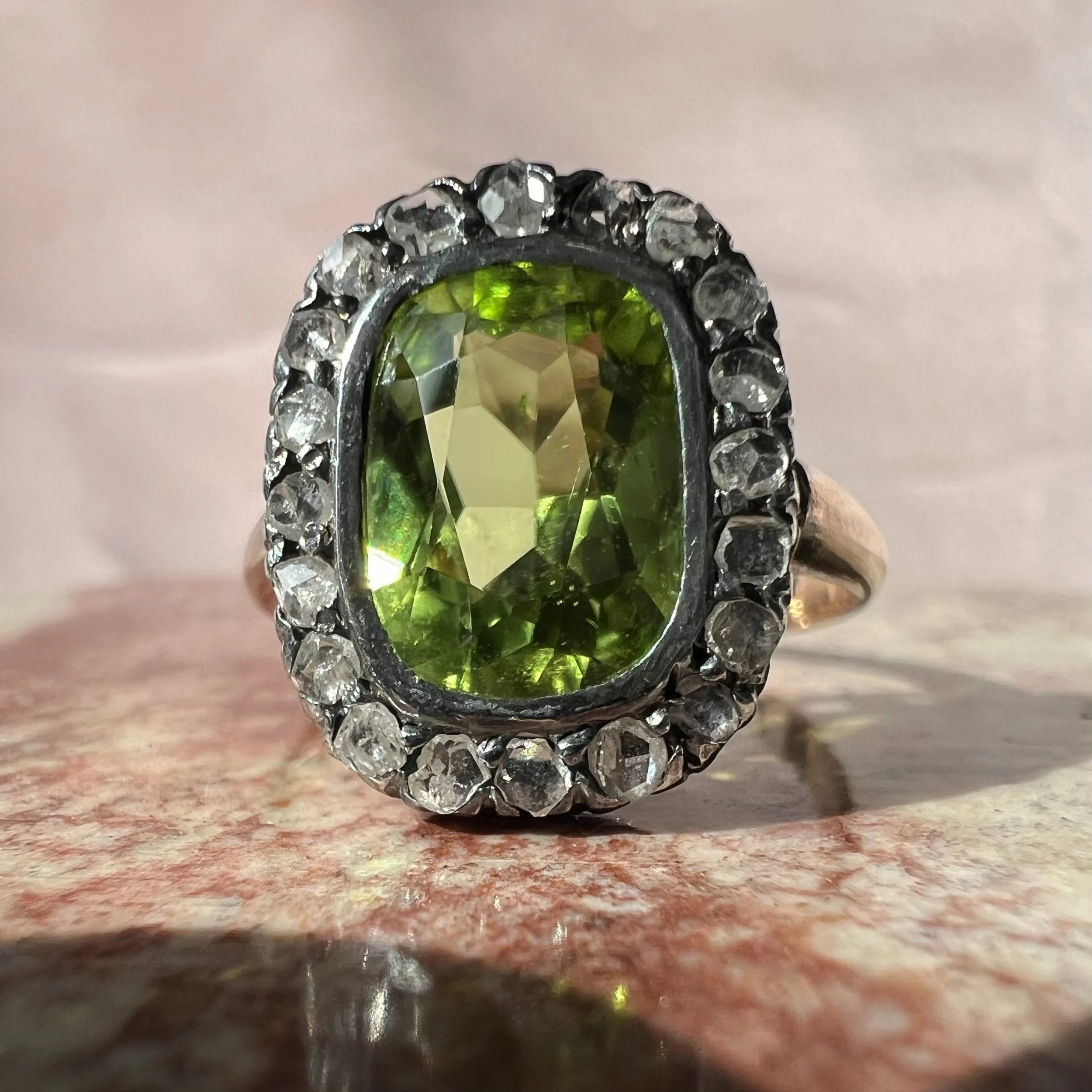 Imperial Russian Peridot & Rose Cut Diamond Ring