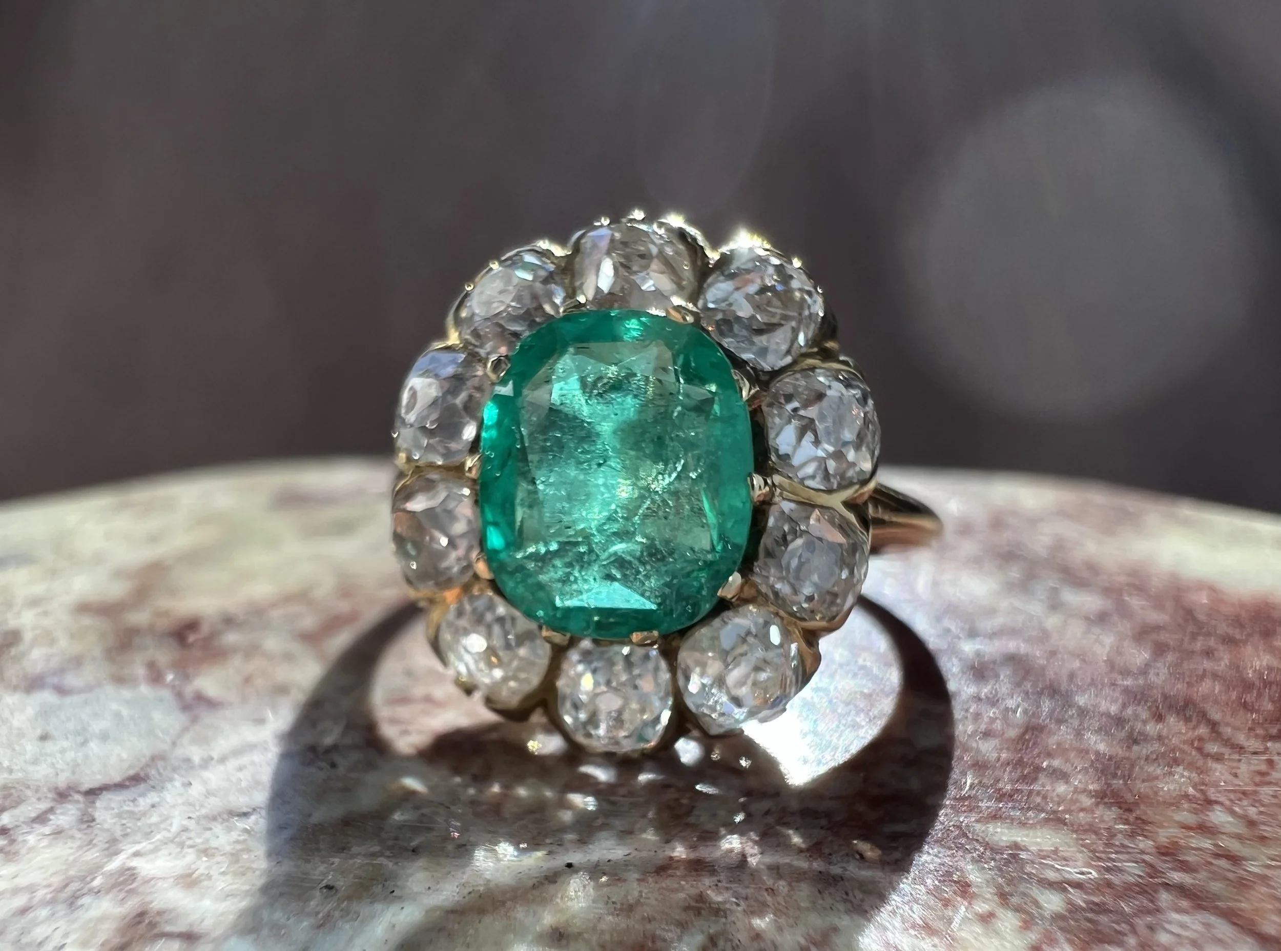 Victorian 18k Colombian Emerald & Old Mine Cut Diamond Daisy Ring