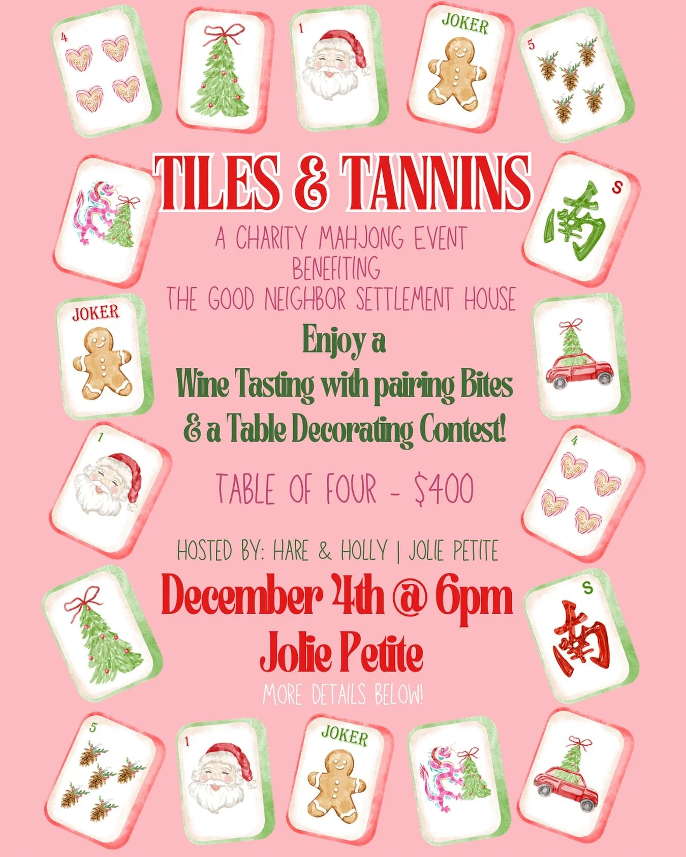 ✨ Tiles &amp; Tannins &mdash; Charity Mahjong Night! ✨
Join us for a festive evening benefiting The Good Neighbor Settlement House!

We&rsquo;re bringing together holiday cheer, friendly competition, and delicious pairings. 🍷🀄️
Enjoy an exclusive w